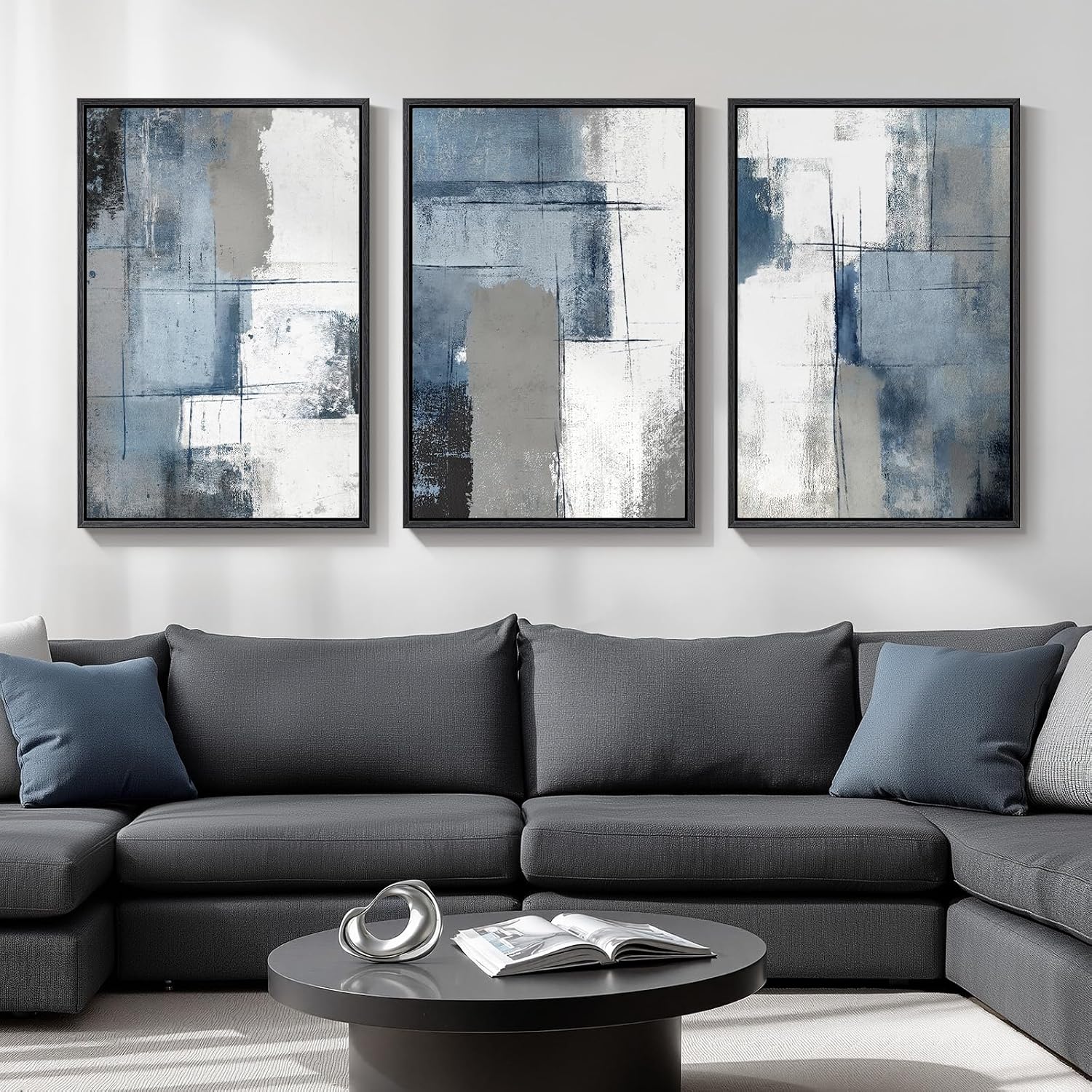Large Framed Boho Modern Neutral Abstract Wall Art for Living Room, 3 Piece Black and White Canvas Prints Paintings Artwork for Walls