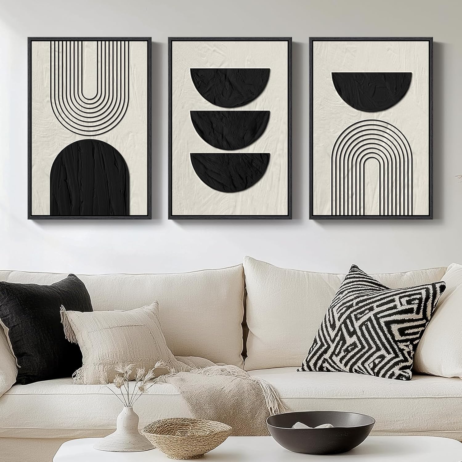 Large Framed Boho Modern Neutral Abstract Wall Art for Living Room, 3 Piece Black and White Canvas Prints Paintings Artwork for Walls