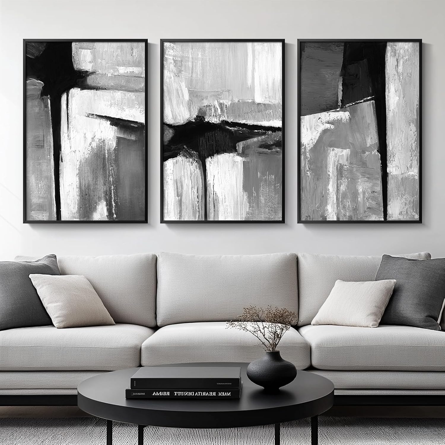 Large Framed Boho Modern Neutral Abstract Wall Art for Living Room, 3 Piece Black and White Canvas Prints Paintings Artwork for Walls