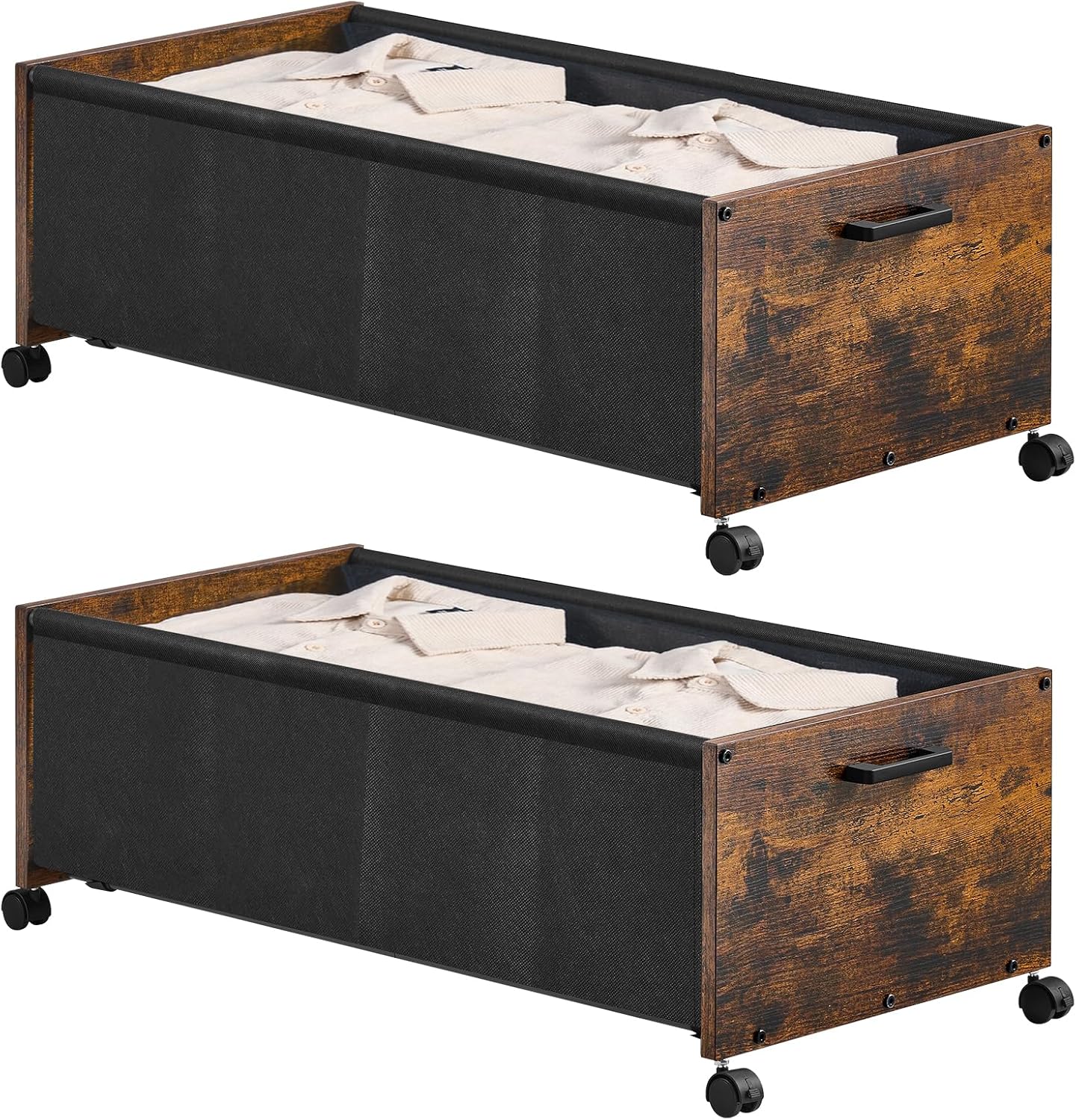 FOUCSSOMEI Under Bed Storage with Wheels, Wooden Under Bed Drawers On Wheels, Rolling Under Bed Shoe Storage, Space Saving, Rustic Brown, 90L
