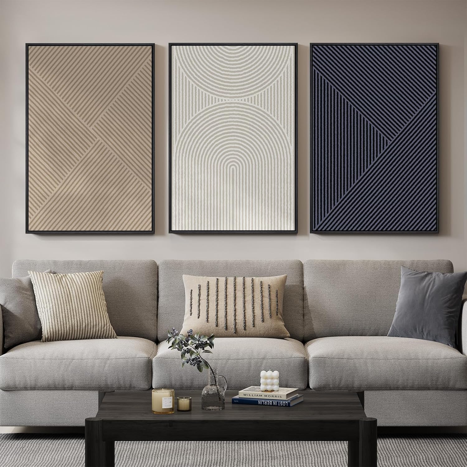 Large Framed Neutral Abstract Wall Art for Living Room, 3 Piece Modern Canvas Prints Paintings Artwork for Walls