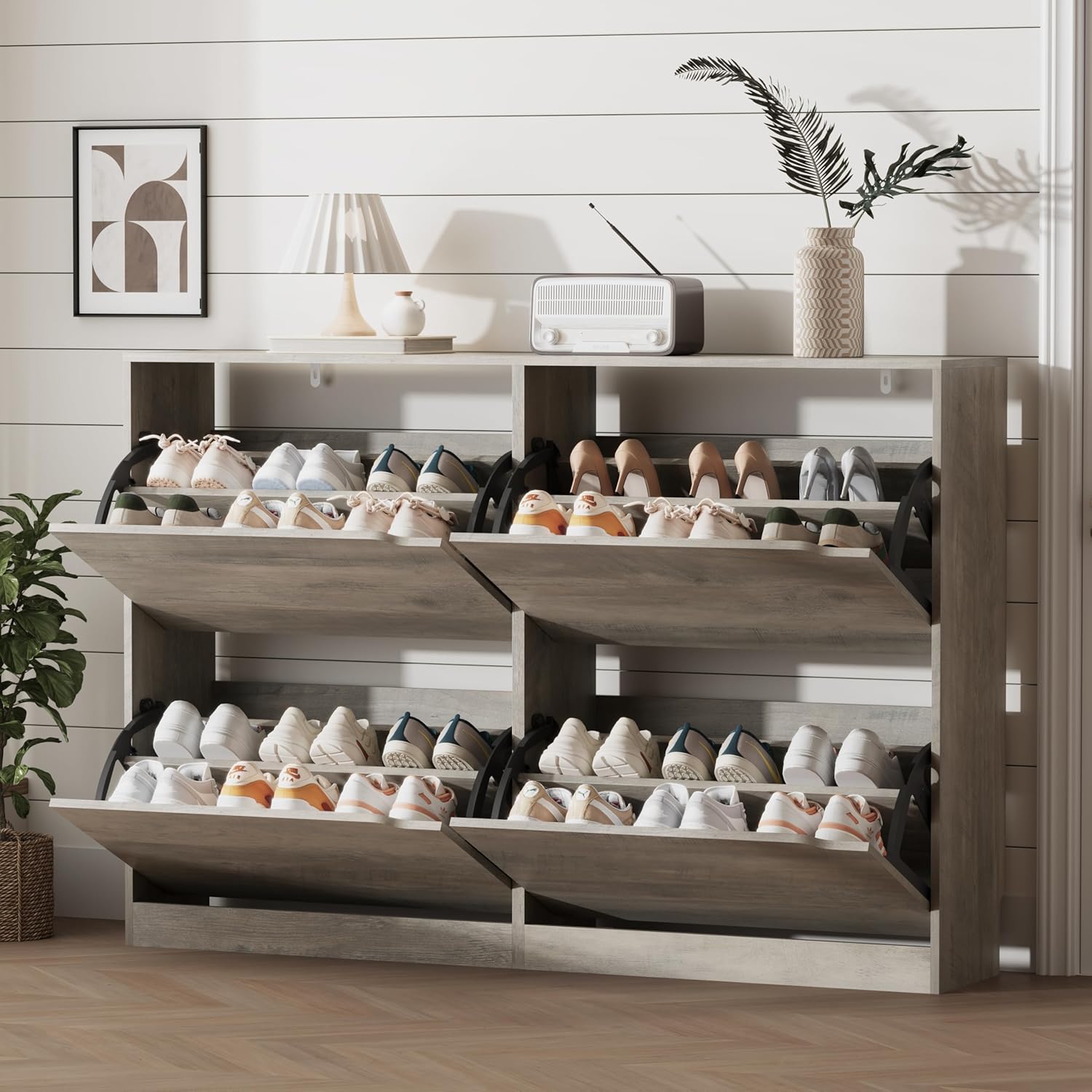 Shoe Storage Cabinet for Entryway with 3 Flip Drawers, Sturdy Wood Hidden Shoe Storage
