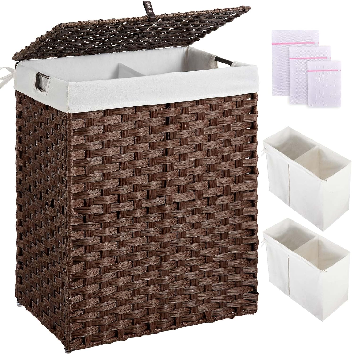 Greenstell Laundry Hamper with lid, No Install Needed, 110L Wicker Laundry Baskets Foldable 2 Removable Liner Bags