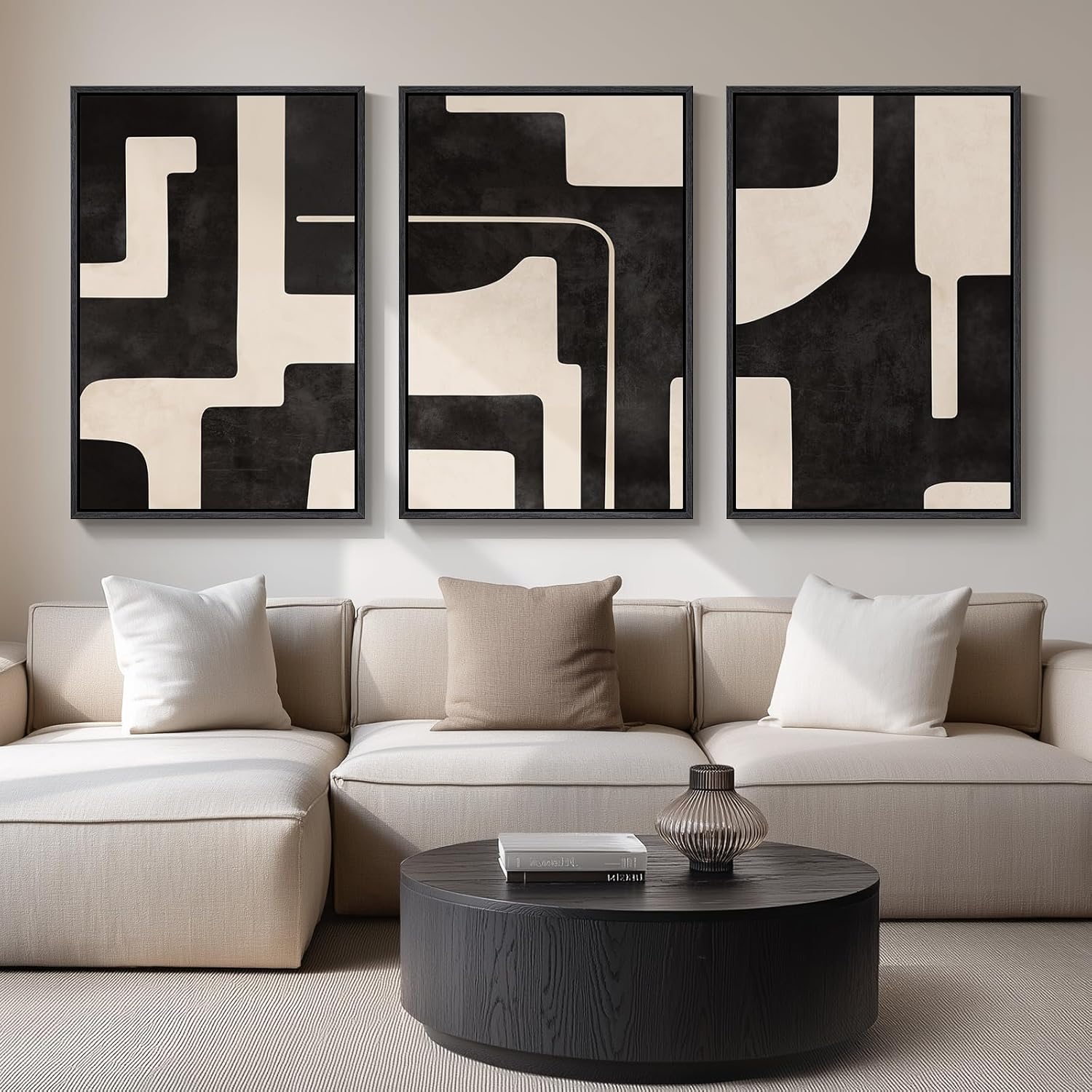 Large Framed Boho Modern Neutral Abstract Wall Art for Living Room, 3 Piece Black and White Canvas Prints Paintings Artwork for Walls