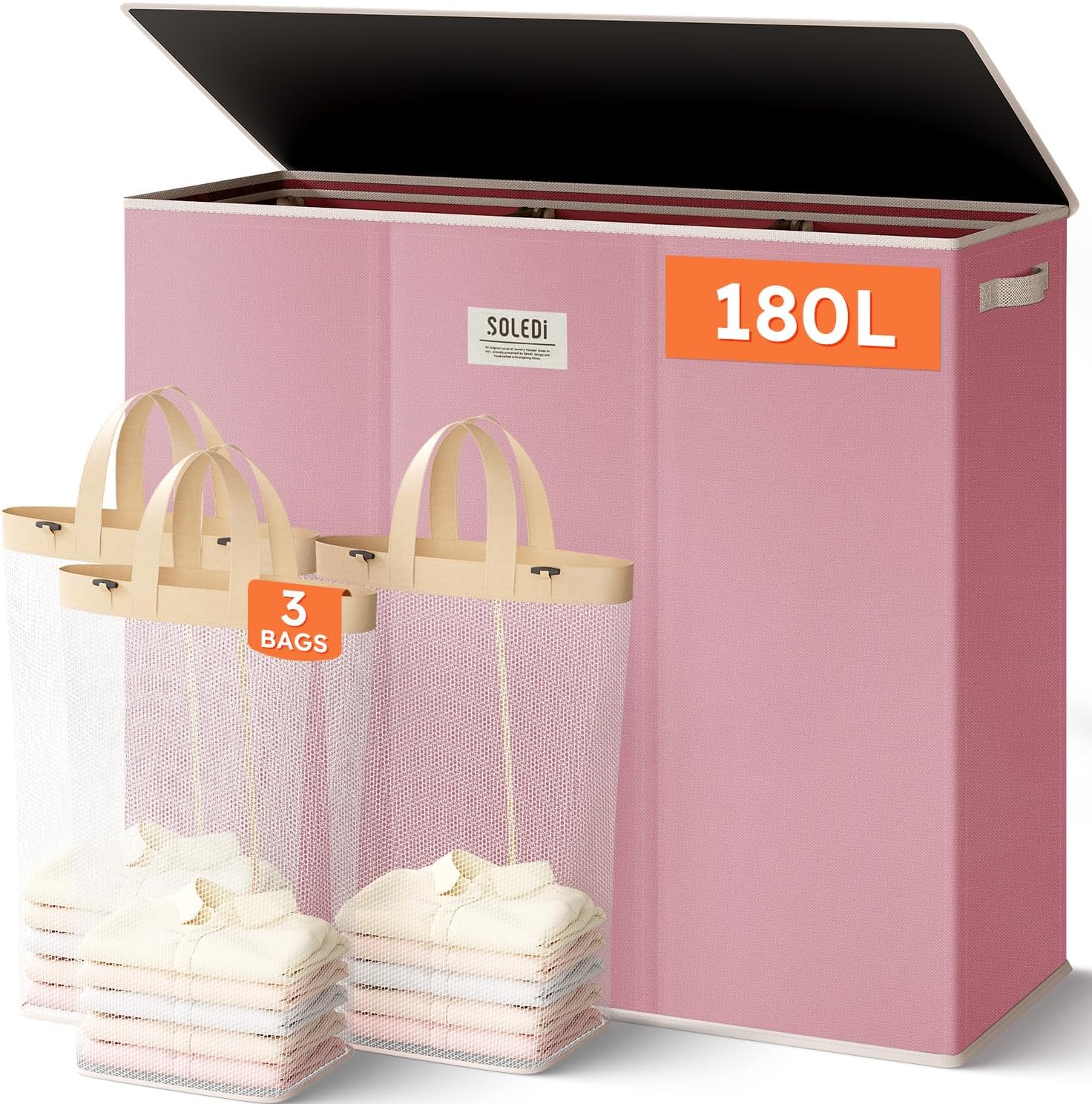 SOLEDI 180L Laundry Hamper 3 Section, Extra Large Laundry Hamper with Lid, Dirty Clothes Hamper with Sturdy Handle