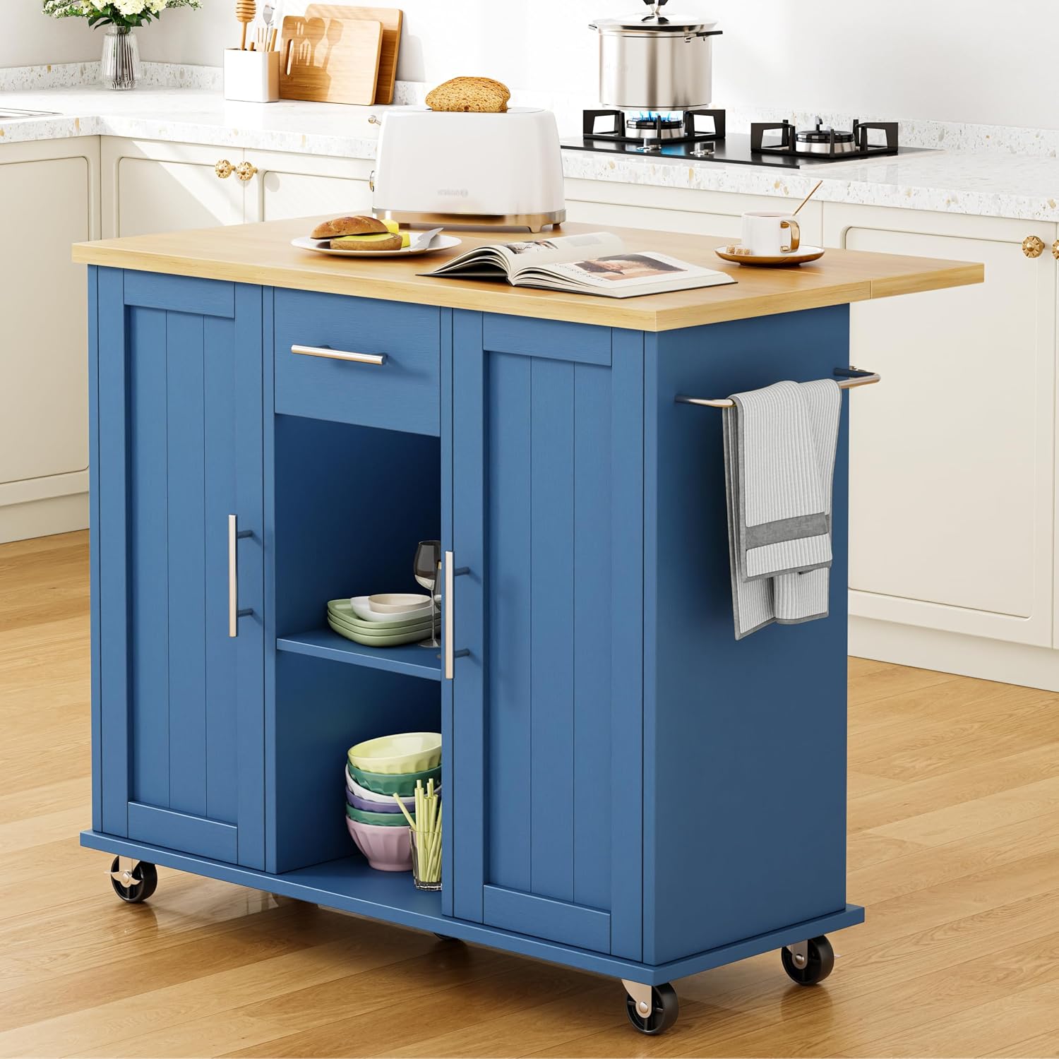 Shintenchi Kitchen Island cart with Storage, Portable Bar Cabinet on Wheels, Rolling Microwave Cart Side Table with Workstation for Kitchen, Black