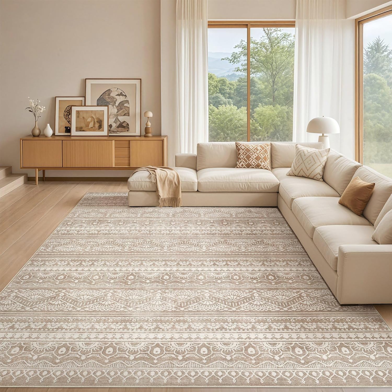Tortania Area Rug Living Room Rugs - 10x12 Washable Large Soft Neutral Boho Moroccan Bohemian Farmhouse Rug Indoor Floor Carpet for Bedroom Under