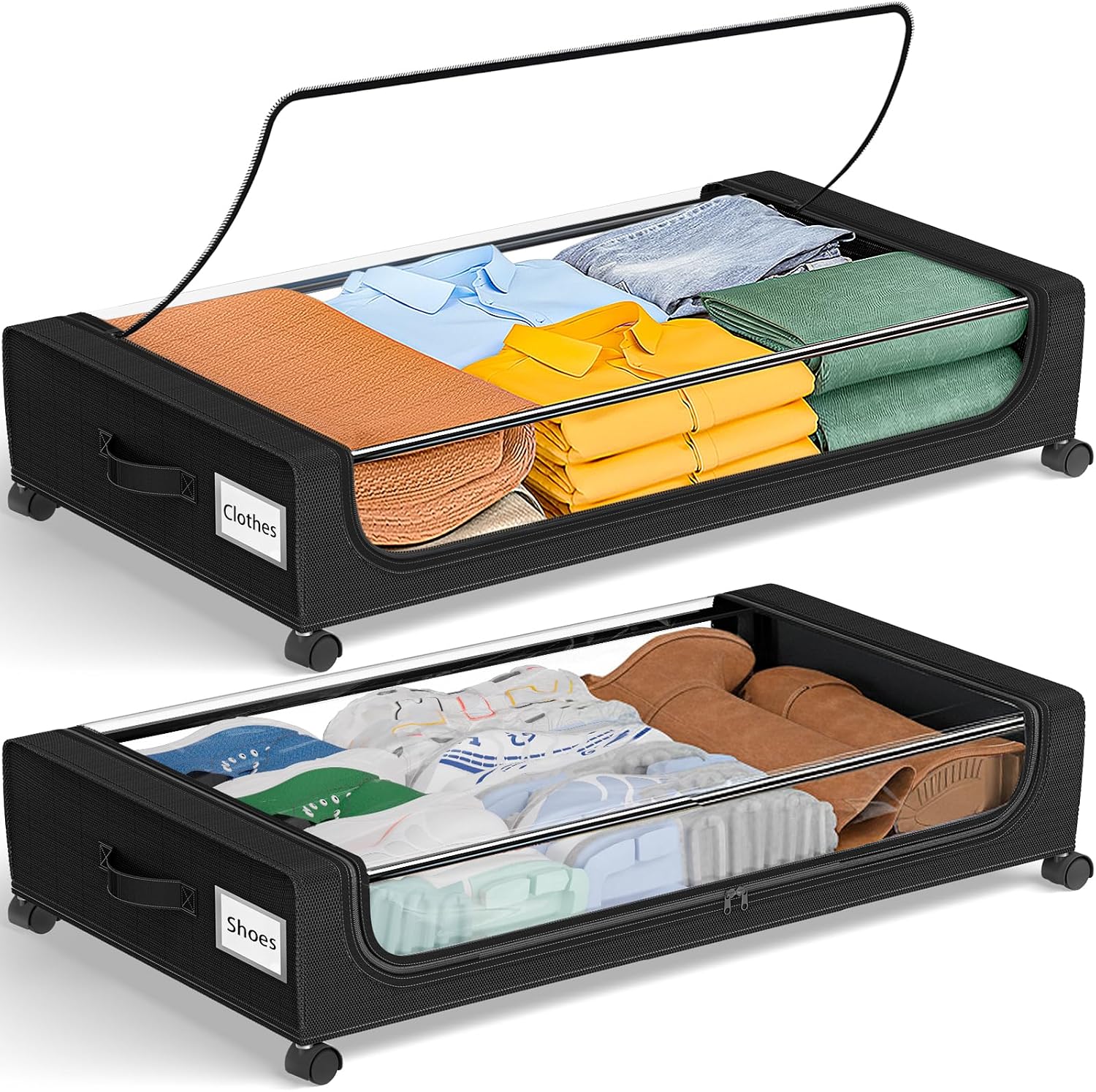 GoMaihe Under Bed Storage with Wheels: 48L Underbed Storage Containers with Lids - Rolling Bins for Shoes Clothes in Dorm Bedroom - Metal Drawers Easy