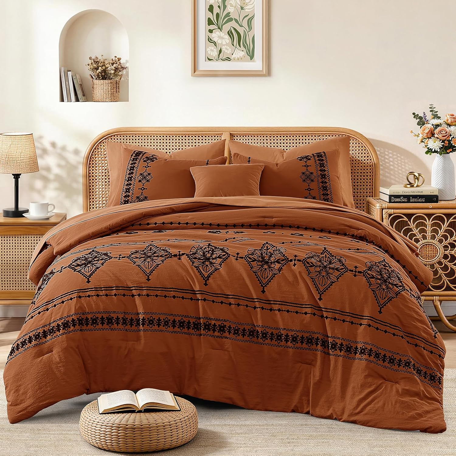 MaiRêve Embroidery Comforter Set Queen Size - 7 Piece, White Boho Western Bedding All Season Bed in A Bag, Farmhouse Queen Comforter Set with Sheets