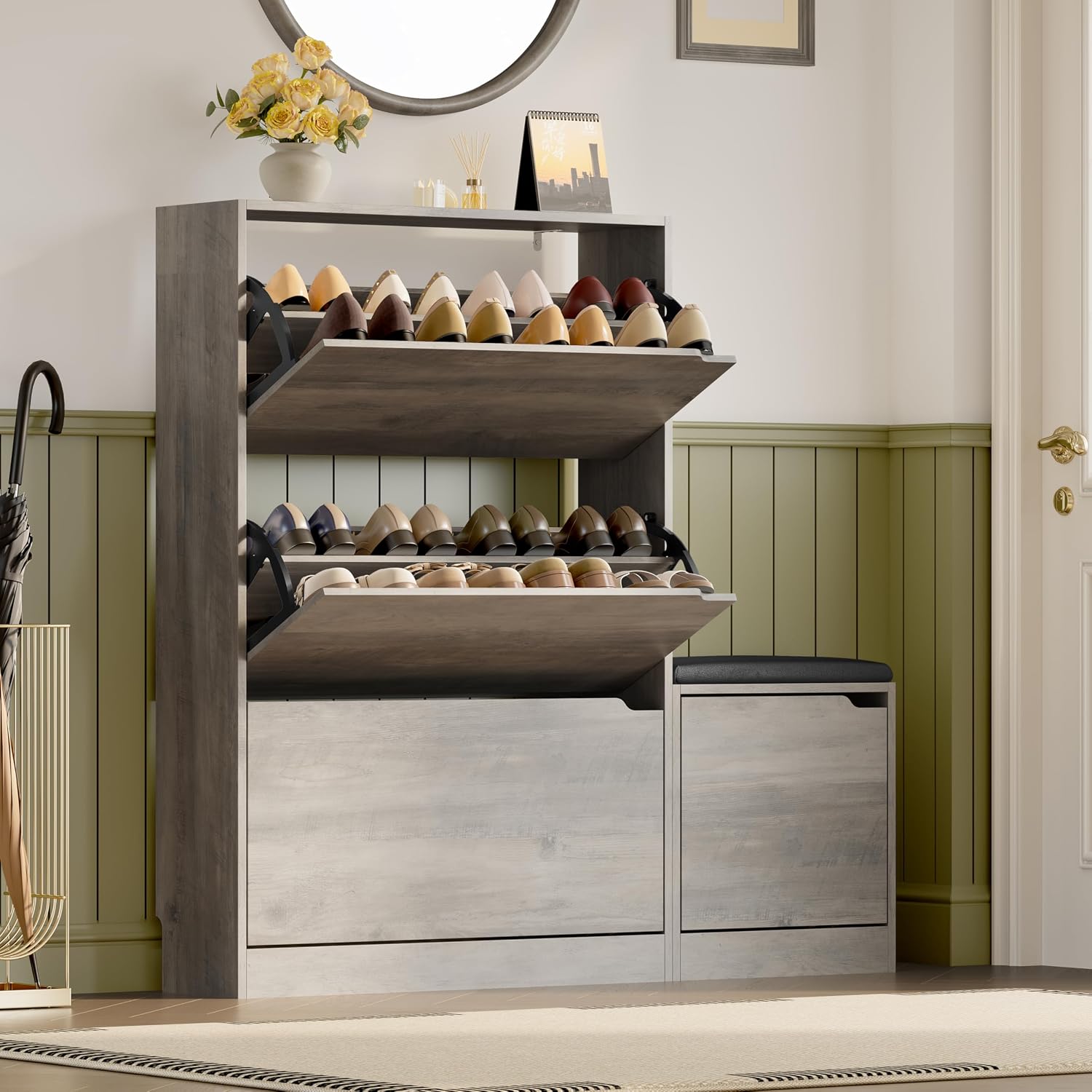 BORNOON Shoe Storage Cabinet with 3 Flip Drawers, Narrow Shoe Rack Cabinet, Freestanding Organizer Storage for Entryway, Hallway, Black