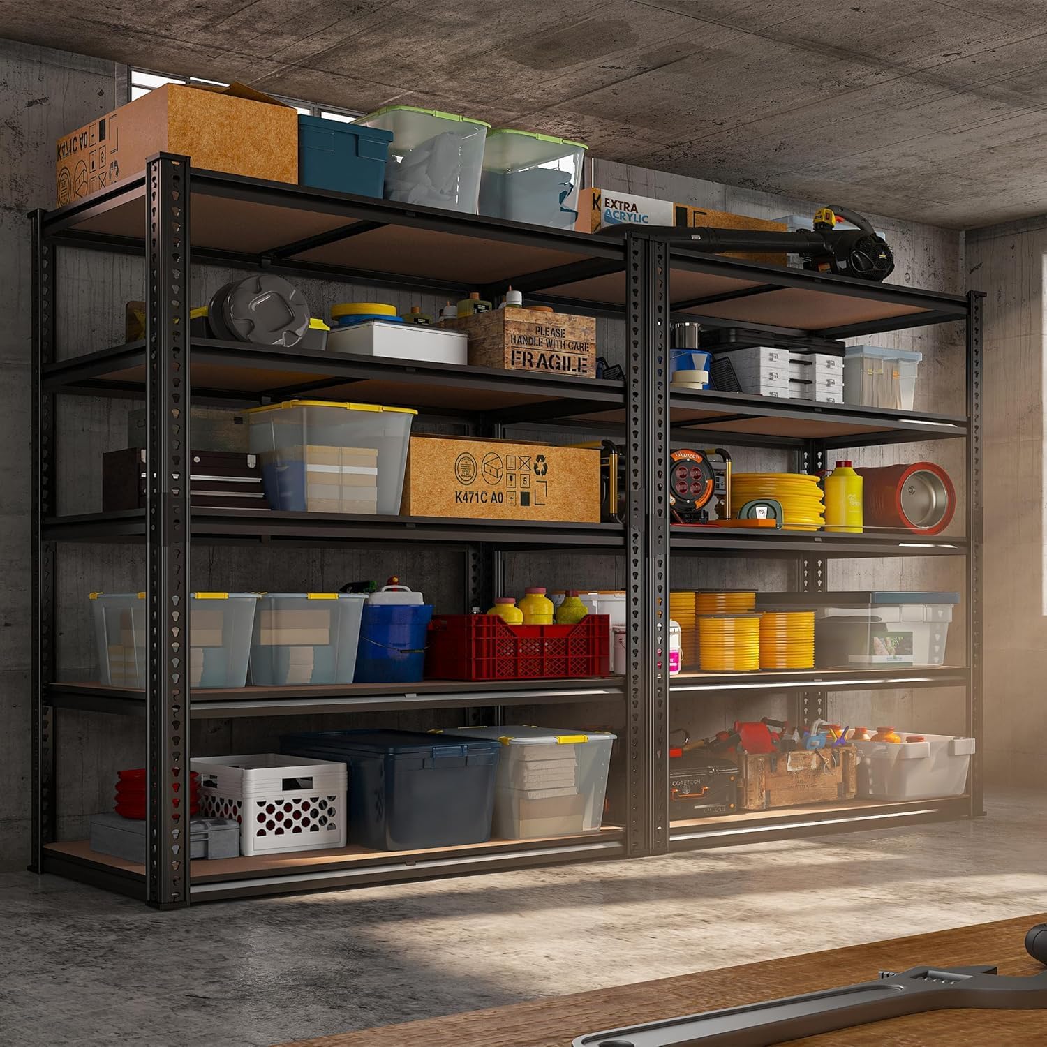 REIBII Galvanized Garage Shelving with PP Boards for Pantry Office Garage, Freestanding, Rustproof, Adjustable, Detachable, 5-Tier, Easy Assembly