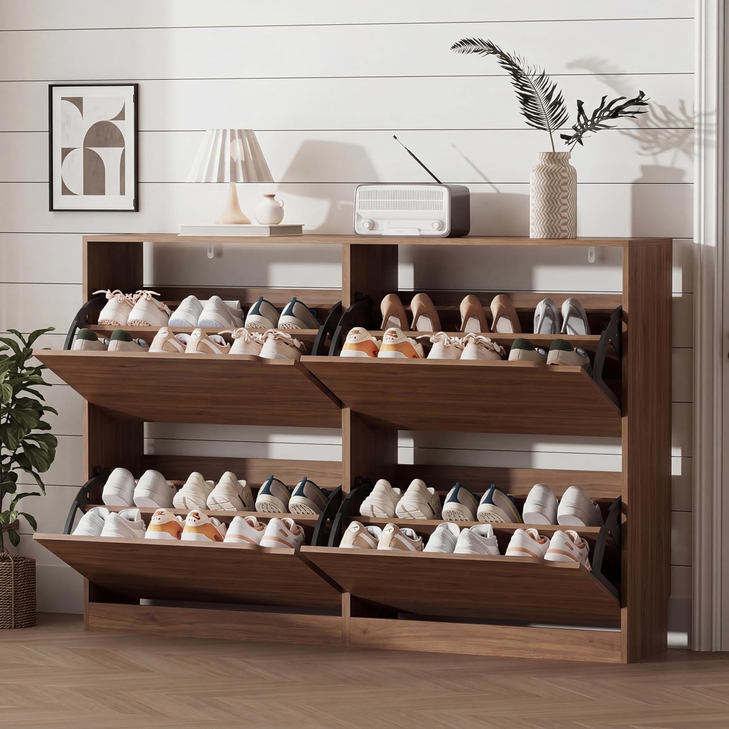 Shoe Storage Cabinet for Entryway with 3 Flip Drawers, Sturdy Wood Hidden Shoe Storage