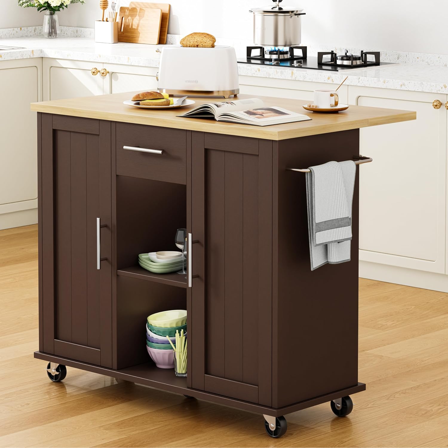 Shintenchi Kitchen Island cart with Storage, Portable Bar Cabinet on Wheels, Rolling Microwave Cart Side Table with Workstation for Kitchen, Black