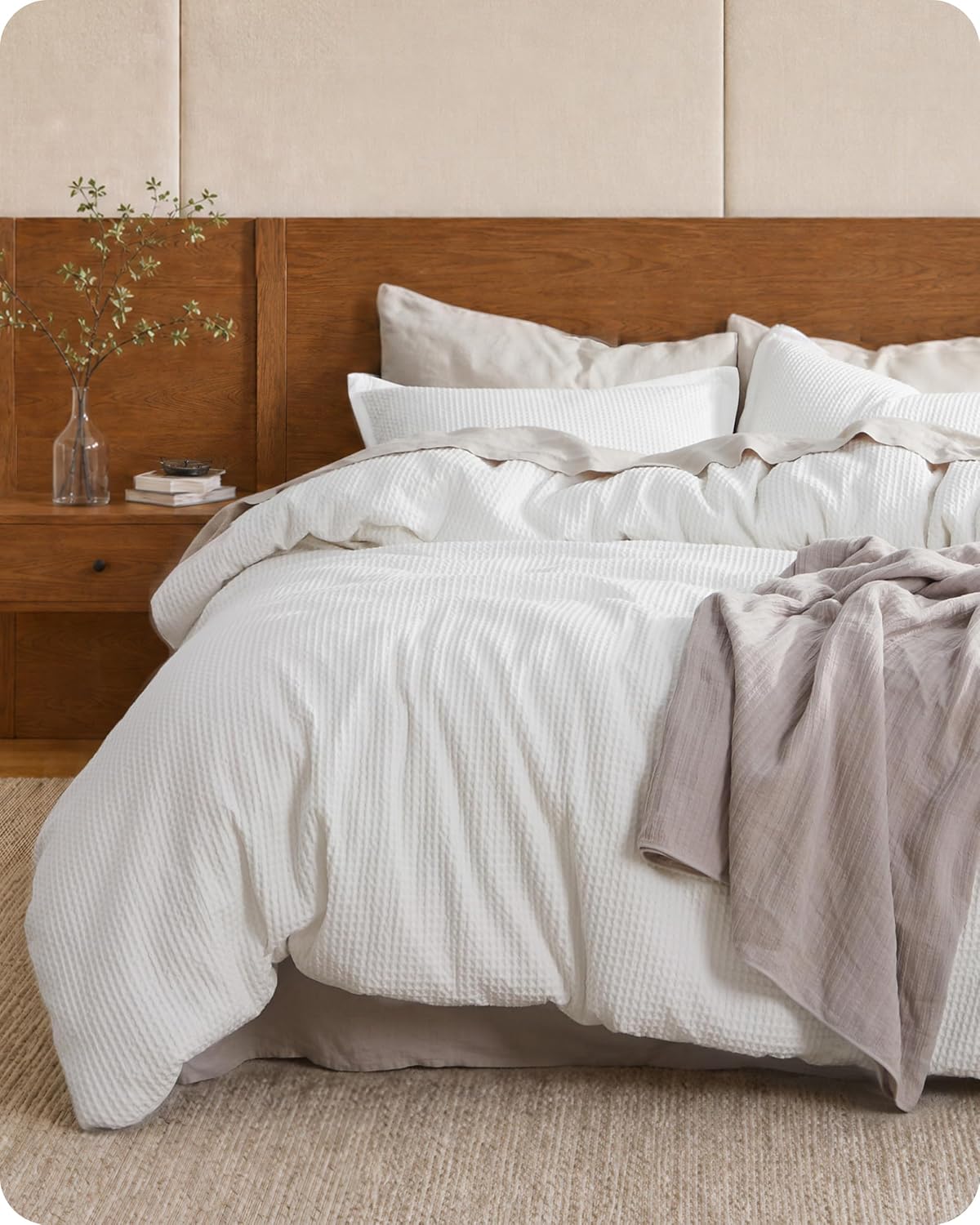 Bedsure Cotton Duvet Cover Queen - 100% Cotton Waffle Weave Coconut White Duvet Cover Queen Size, PureWoven Breathable Bedding Set for All Season