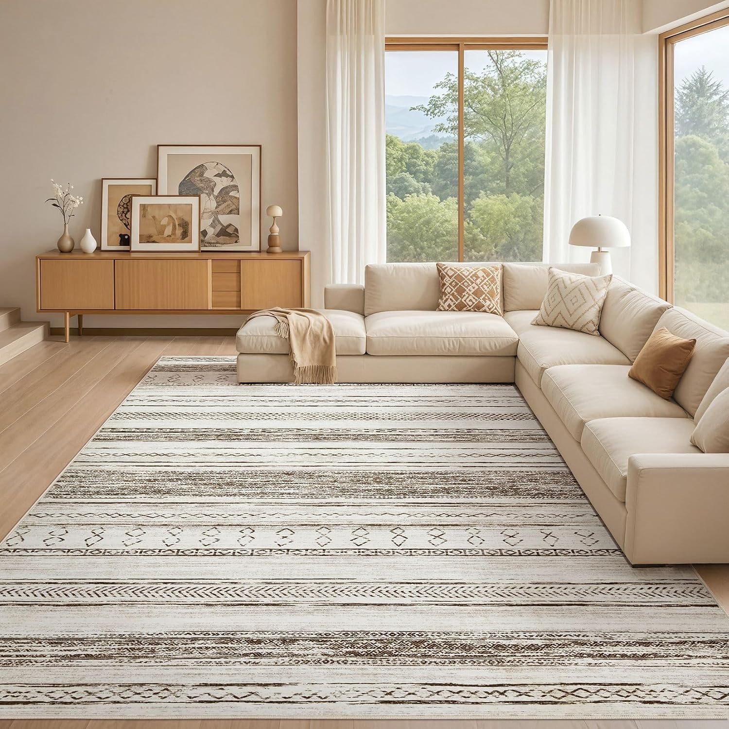 Tortania Area Rug Living Room Rugs - 10x12 Washable Large Soft Neutral Boho Moroccan Bohemian Farmhouse Rug Indoor Floor Carpet for Bedroom Under