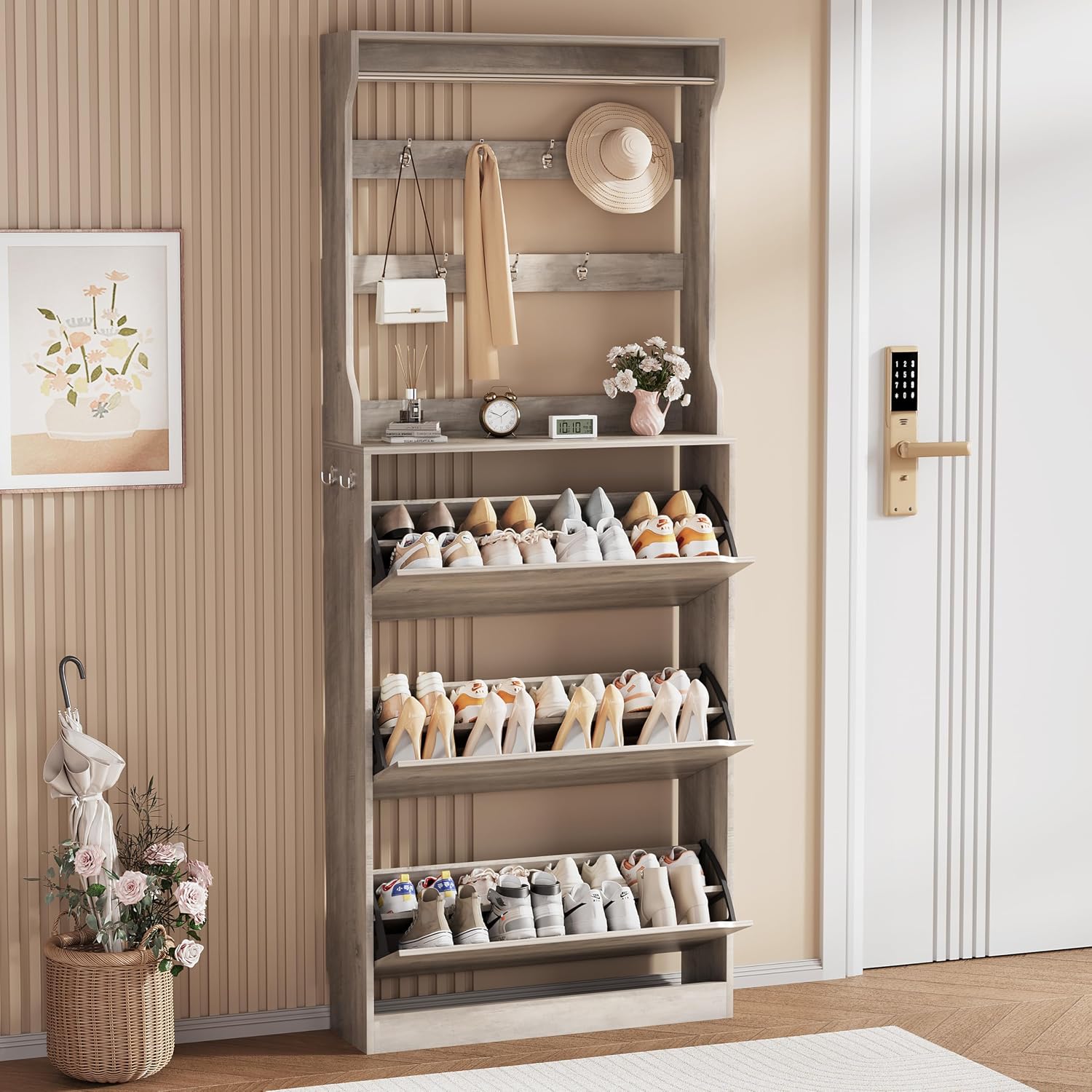 Shoe Storage Cabinet, Wood Shoe Organizer for Entryway with 3 Flip Drawers, Freestanding Shoe Rack with Adjustable Shelf