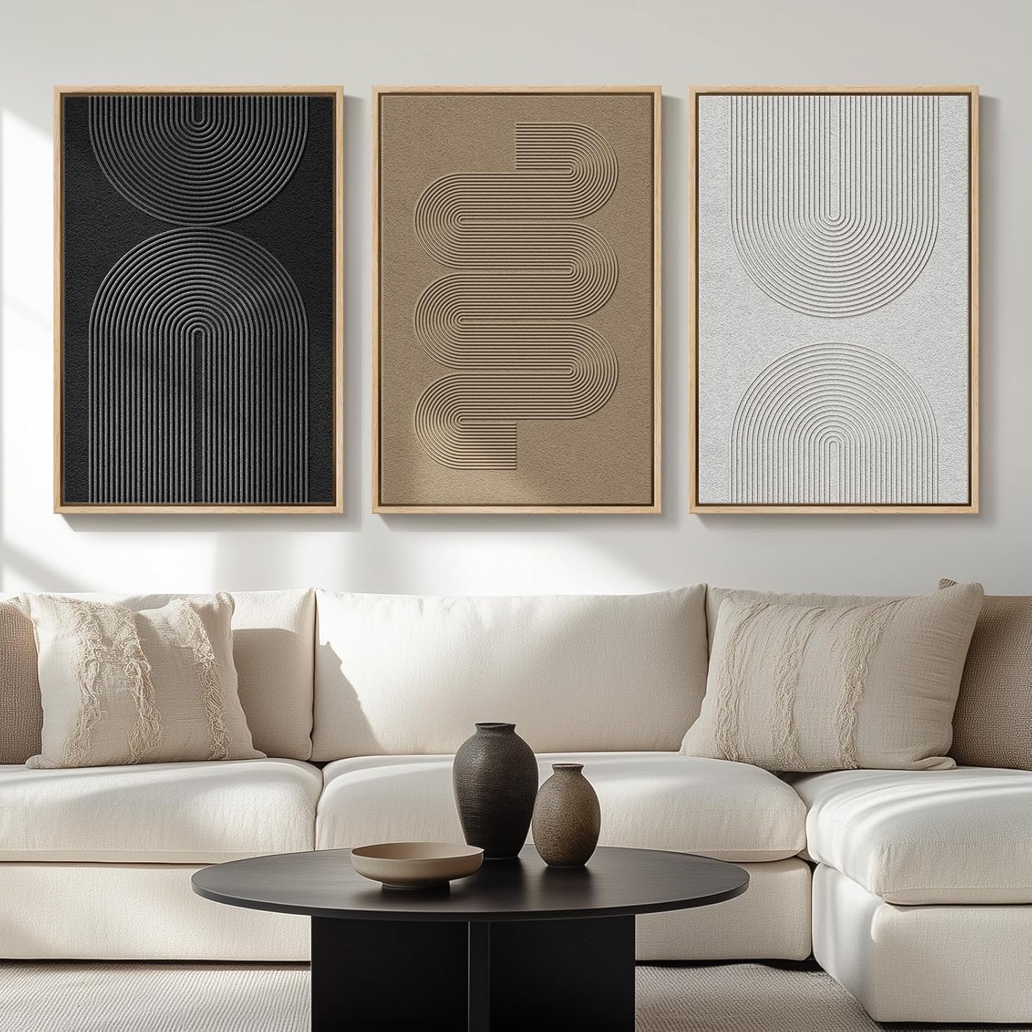 Large Framed Boho Modern Neutral Abstract Wall Art for Living Room, 3 Piece Black and White Canvas Prints Paintings Artwork for Walls
