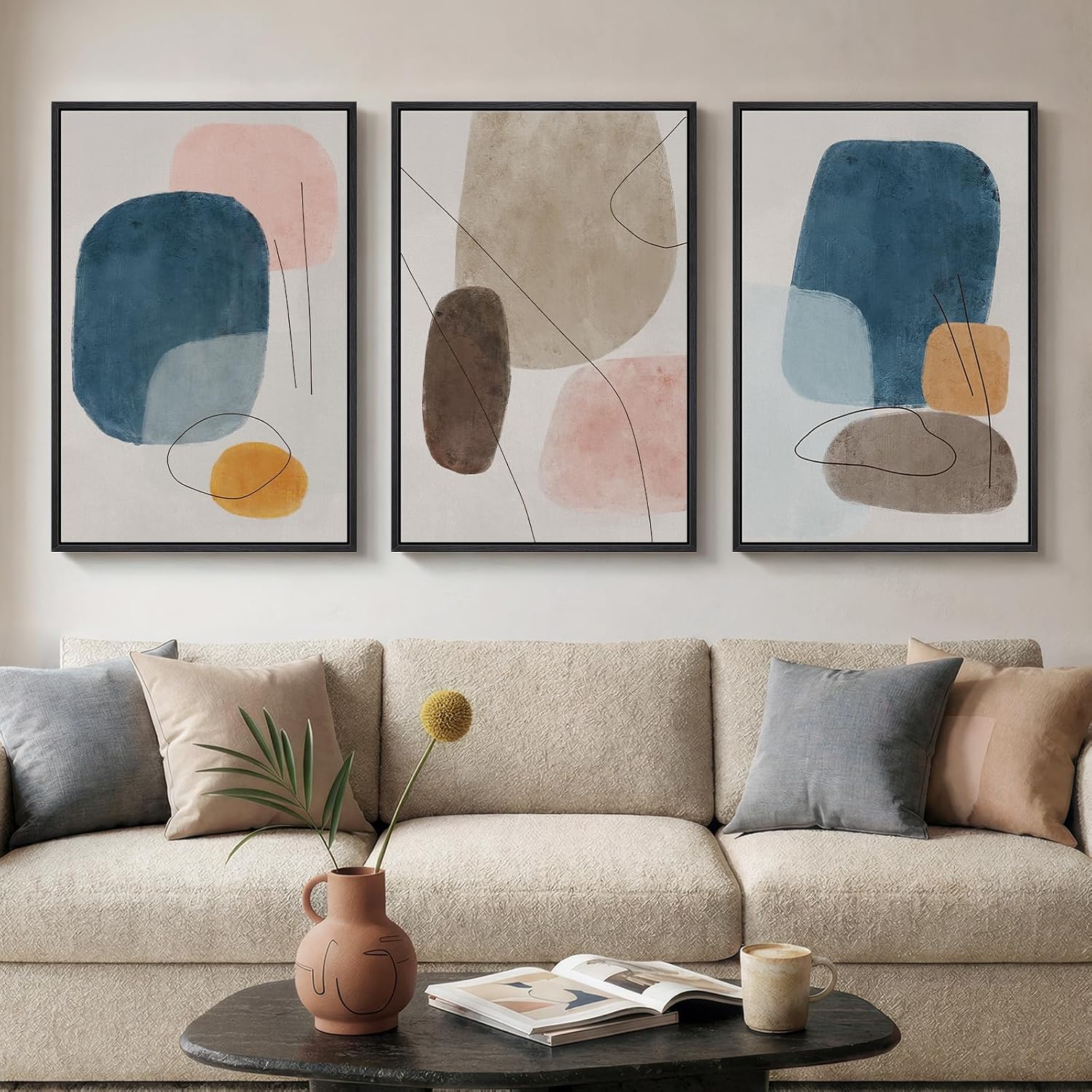 Large Framed Neutral Abstract Wall Art for Living Room, 3 Piece Modern Canvas Prints Paintings Artwork for Walls