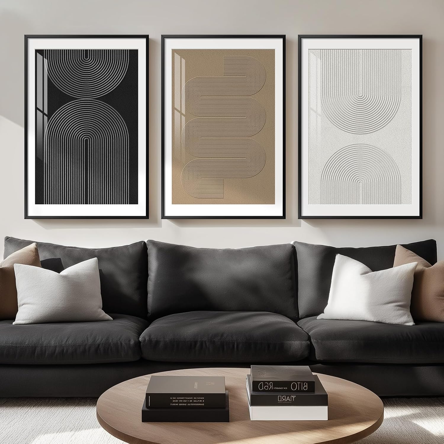 Large Framed Boho Modern Neutral Abstract Wall Art for Living Room, 3 Piece Black and White Canvas Prints Paintings Artwork for Walls