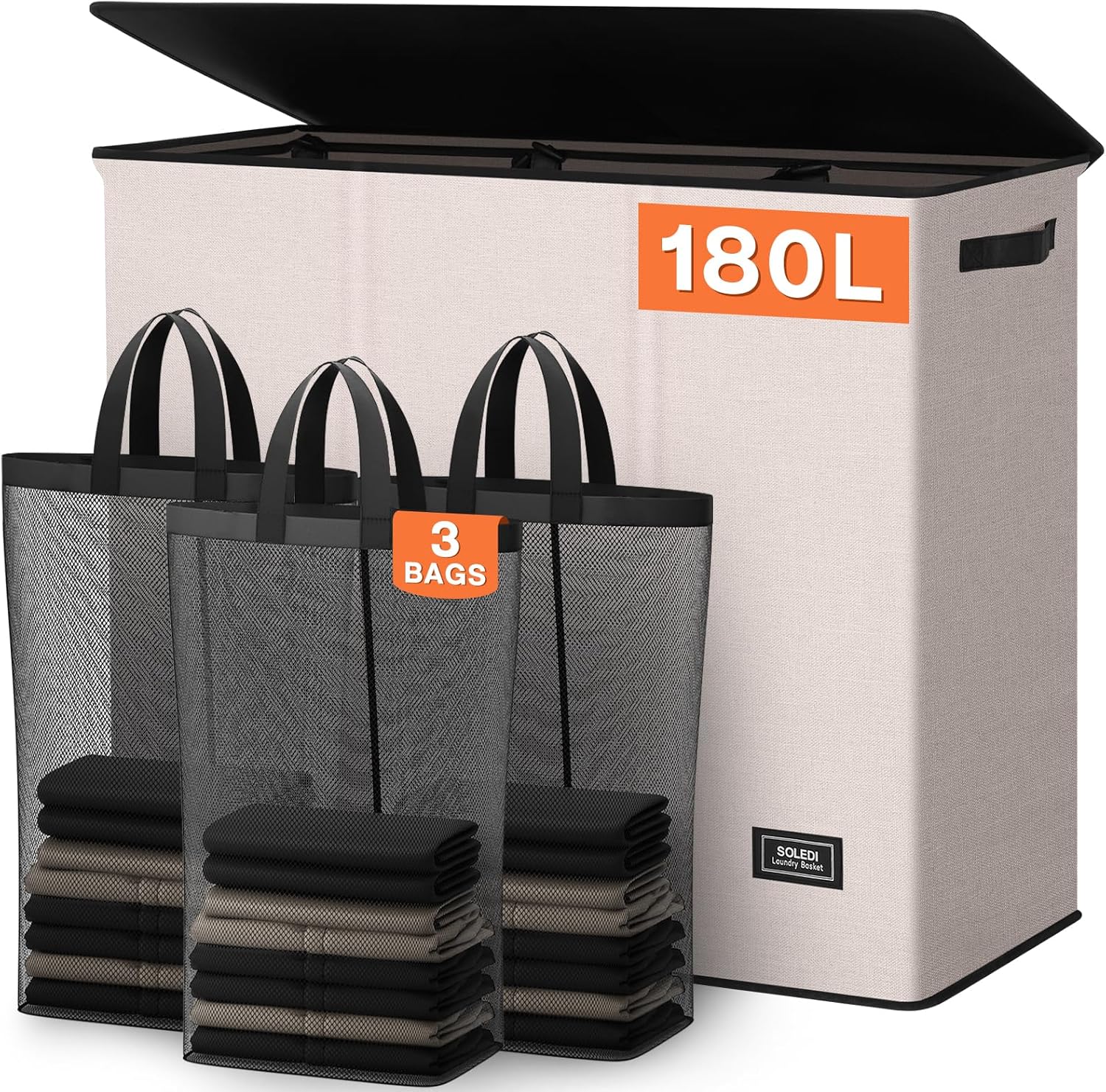 SOLEDI 180L Laundry Hamper 3 Section, Extra Large Laundry Hamper with Lid, Dirty Clothes Hamper with Sturdy Handle