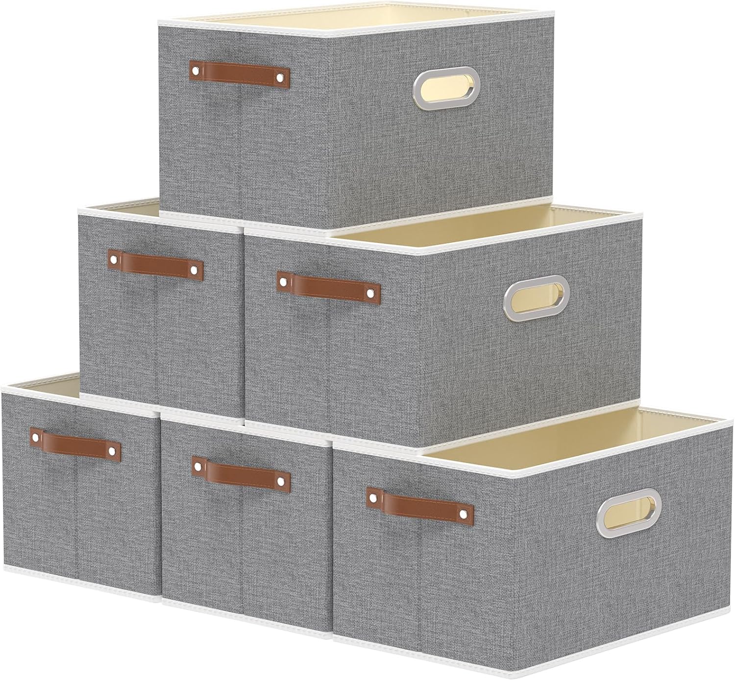Yawinhe Foldable Storage Baskets for Shelves, 16.9x11.8x10.2in, Beige, 6-Pack, Collapsible Storage Bins for Towels