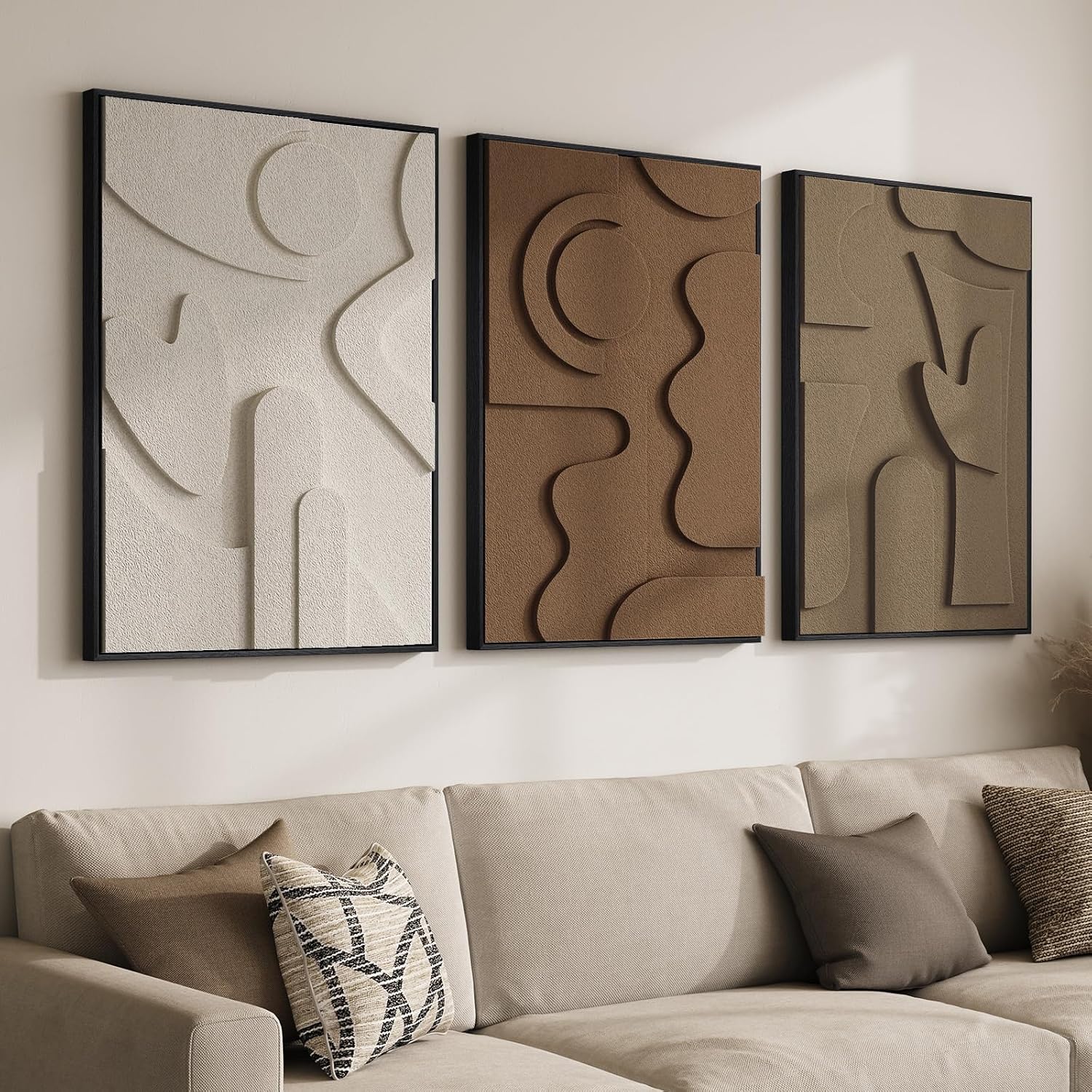3D Wood Textured Large Neutral Abstract Wall Art, Modern Beige Brown Geometric Paintings Artwork for Walls-Minimalist Wooden Wall Art Decor for Living