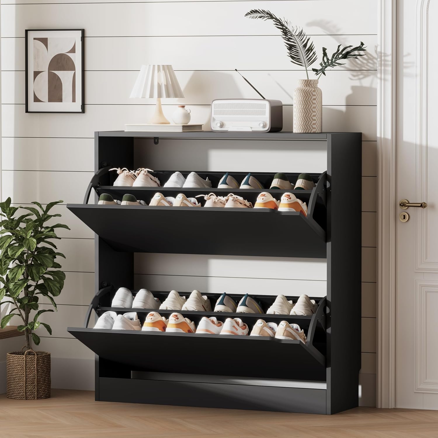 Shoe Storage Cabinet for Entryway with 3 Flip Drawers, Sturdy Wood Hidden Shoe Storage