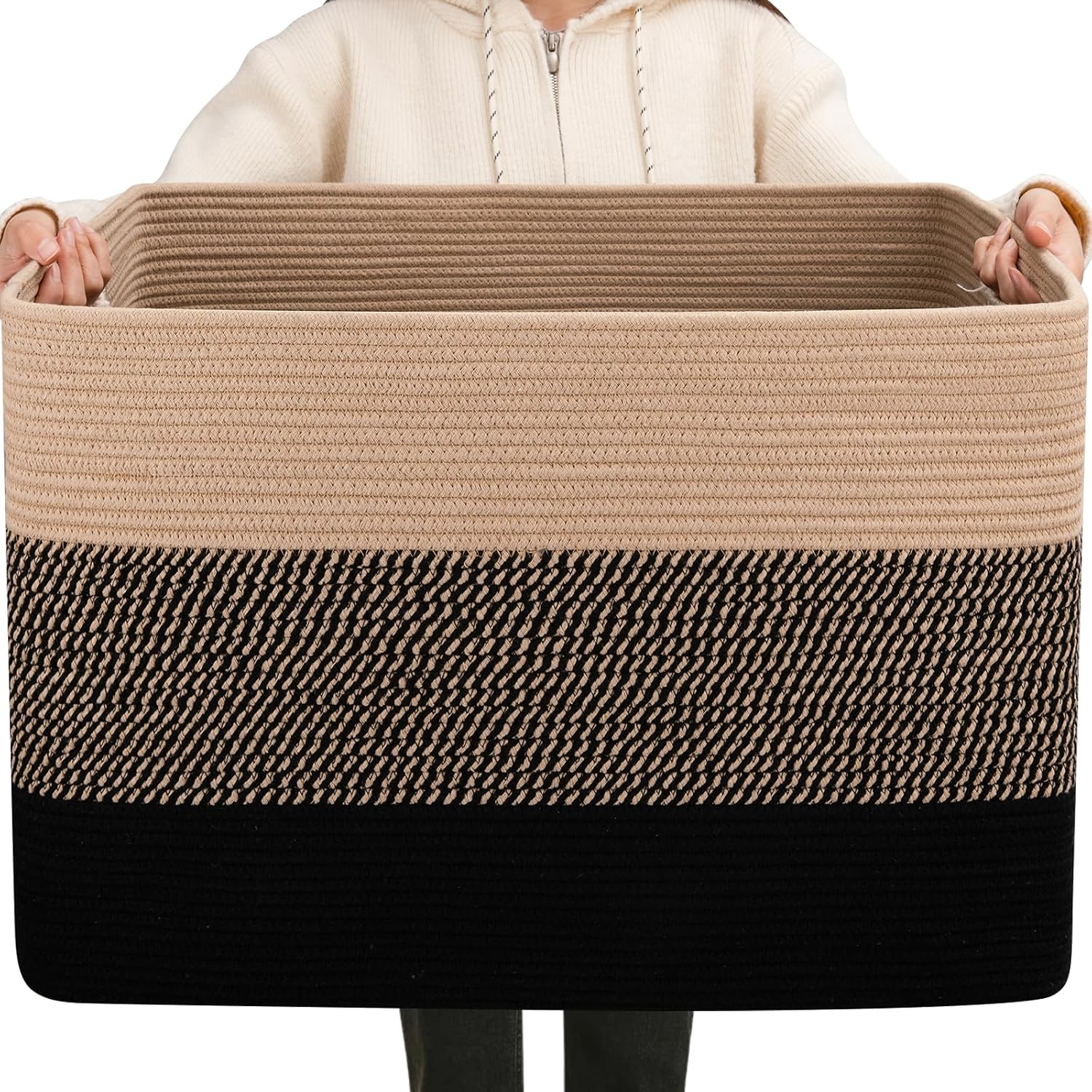 OIAHOMY 108L Super Large Blanket Basket, 25"x16"x16"(108L) Rectangle Woven Baskets for Storage, Cotton Rope Basket For Living Room