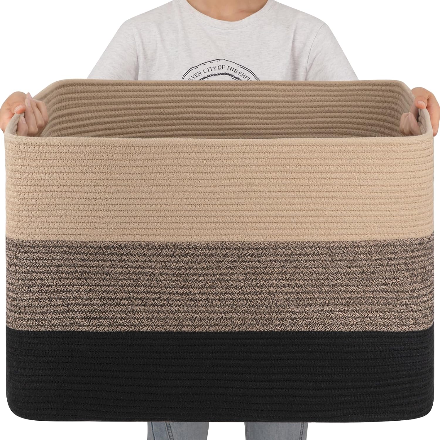 OIAHOMY 108L Super Large Blanket Basket, 25"x16"x16"(108L) Rectangle Woven Baskets for Storage, Cotton Rope Basket For Living Room