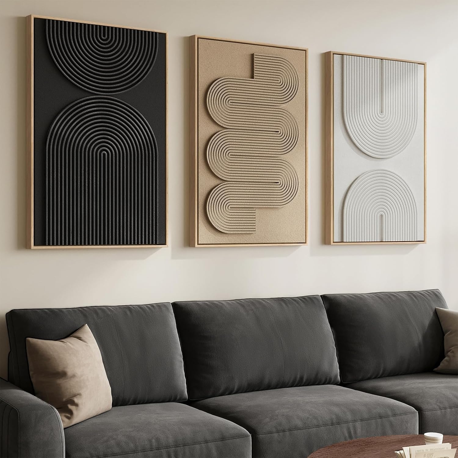 3D Wood Textured Large Neutral Abstract Wall Art, Modern Beige Brown Geometric Paintings Artwork for Walls-Minimalist Wooden Wall Art Decor for Living