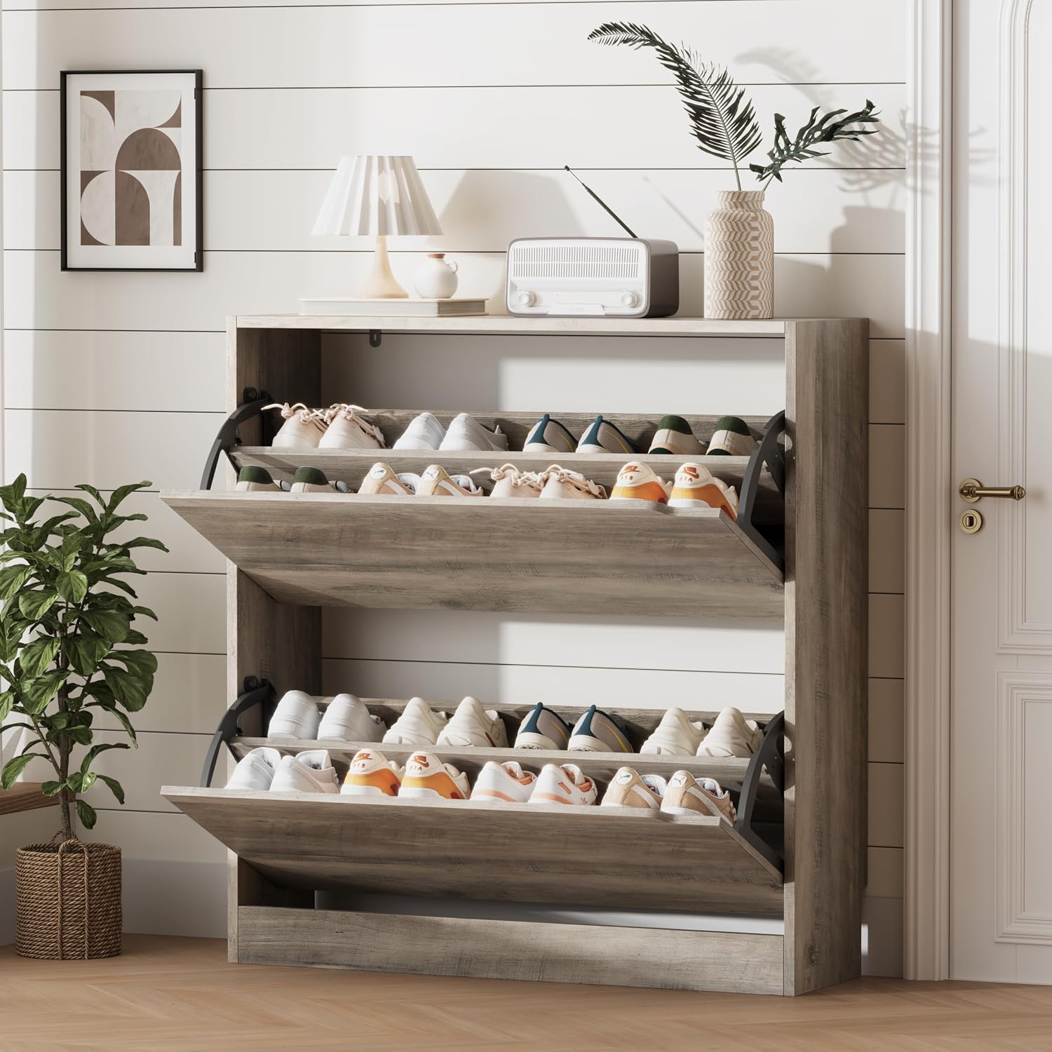 Shoe Storage Cabinet for Entryway with 3 Flip Drawers, Sturdy Wood Hidden Shoe Storage