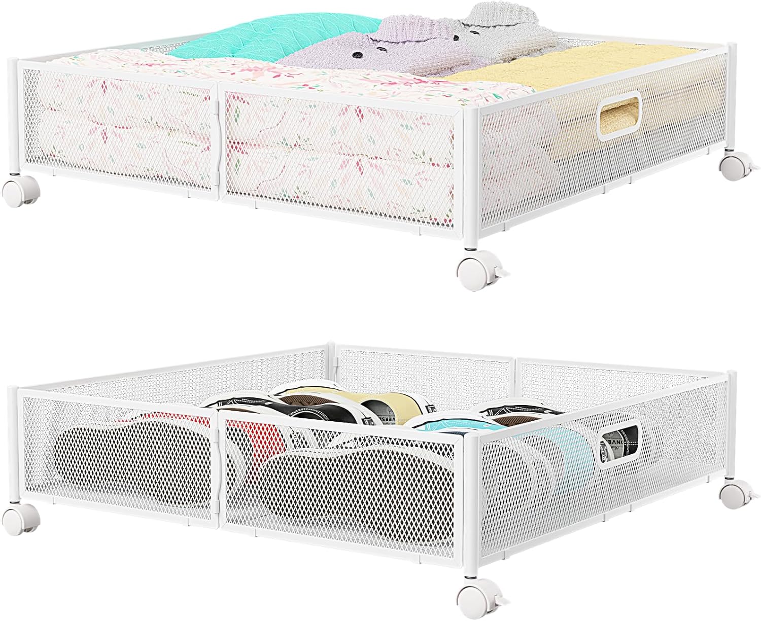 Under Bed Stroage Container with wheels, Patterned, Metal, 2 Pack, Black, Tool-free assembly, glide smoothly, easy reach, foldable