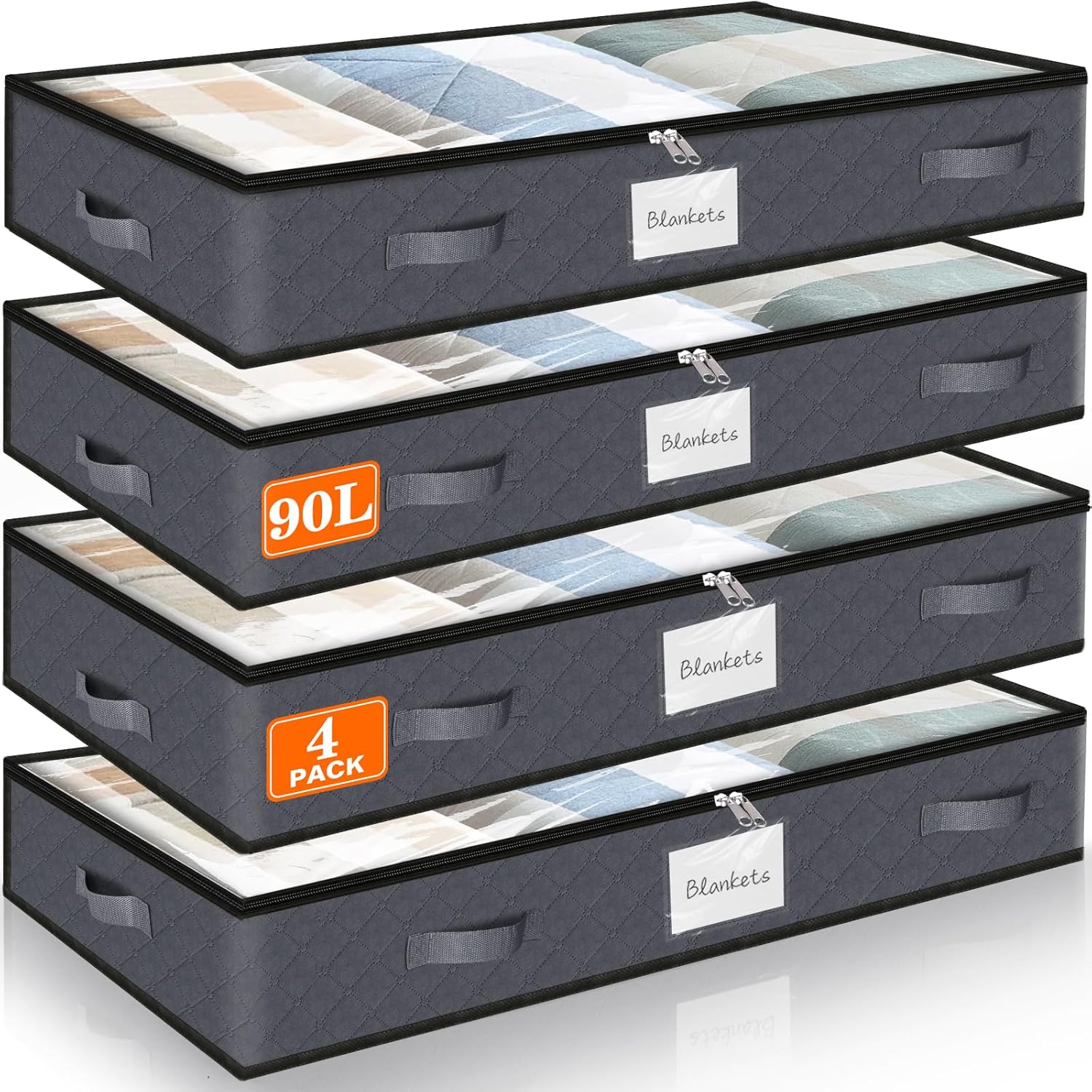 SpaceWhisper 90L Under Bed Storage Containers, Storage Bags, Organizers, 8-Pack, Gray, Foldable, Soft Fabric, Closet Organizers, Reinforced Handle