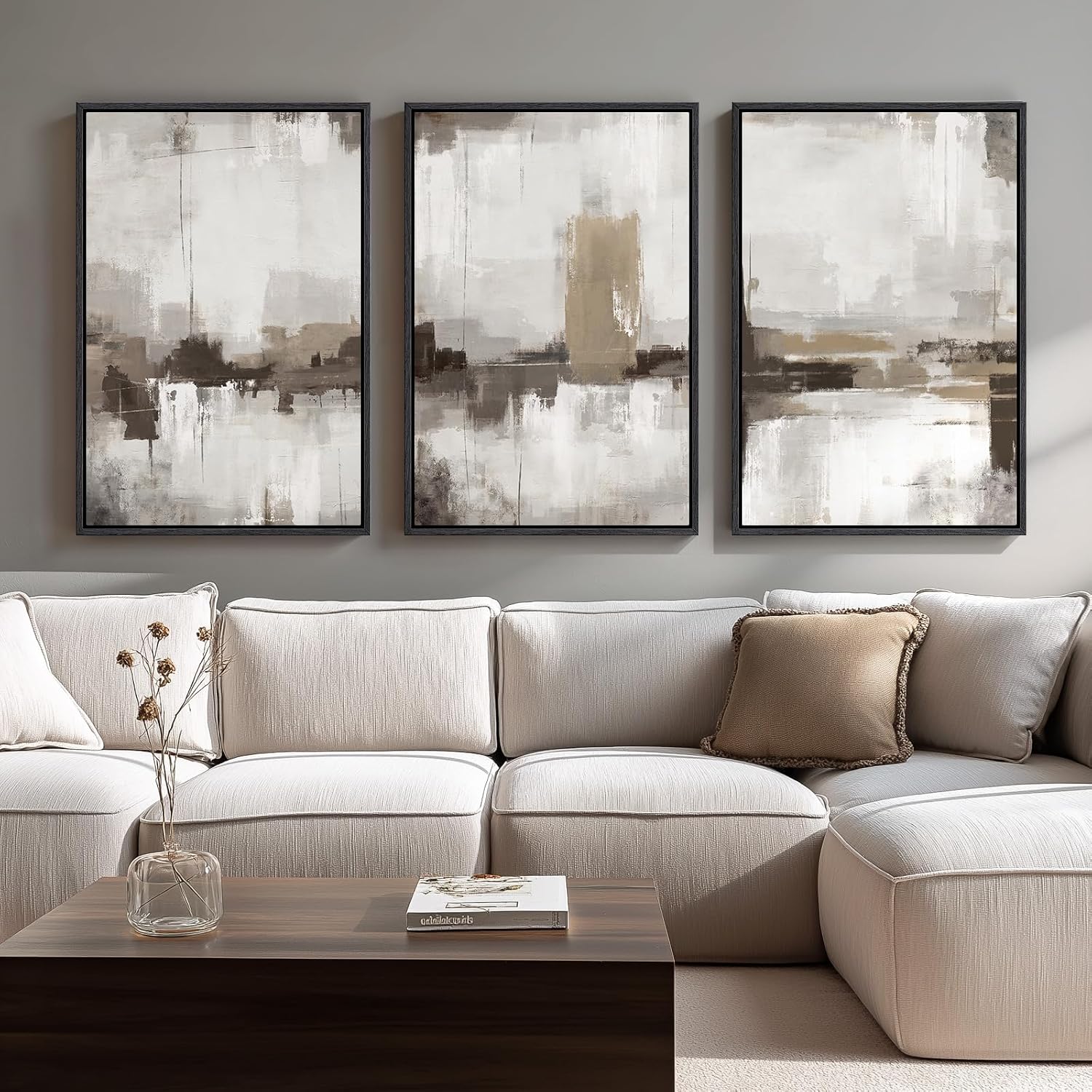 Large Framed Neutral Abstract Wall Art for Living Room, 3 Piece Modern Canvas Prints Paintings Artwork for Walls