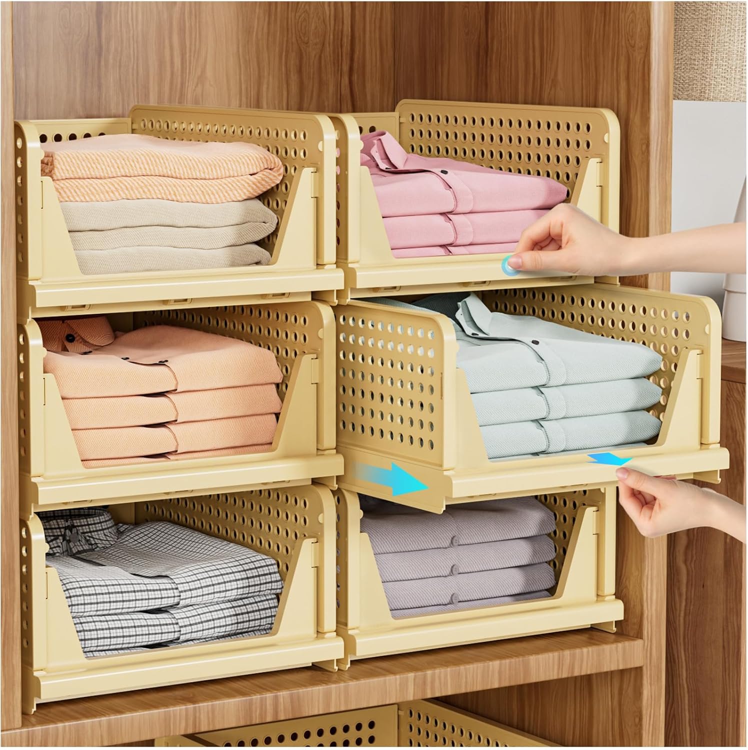 SNSLXH 5 Pack Stackable Closet Storage Basket, Multifunctional and Foldable Closet Organizer for Bathroom Kitchen Laundry Room Wardrobe Storage