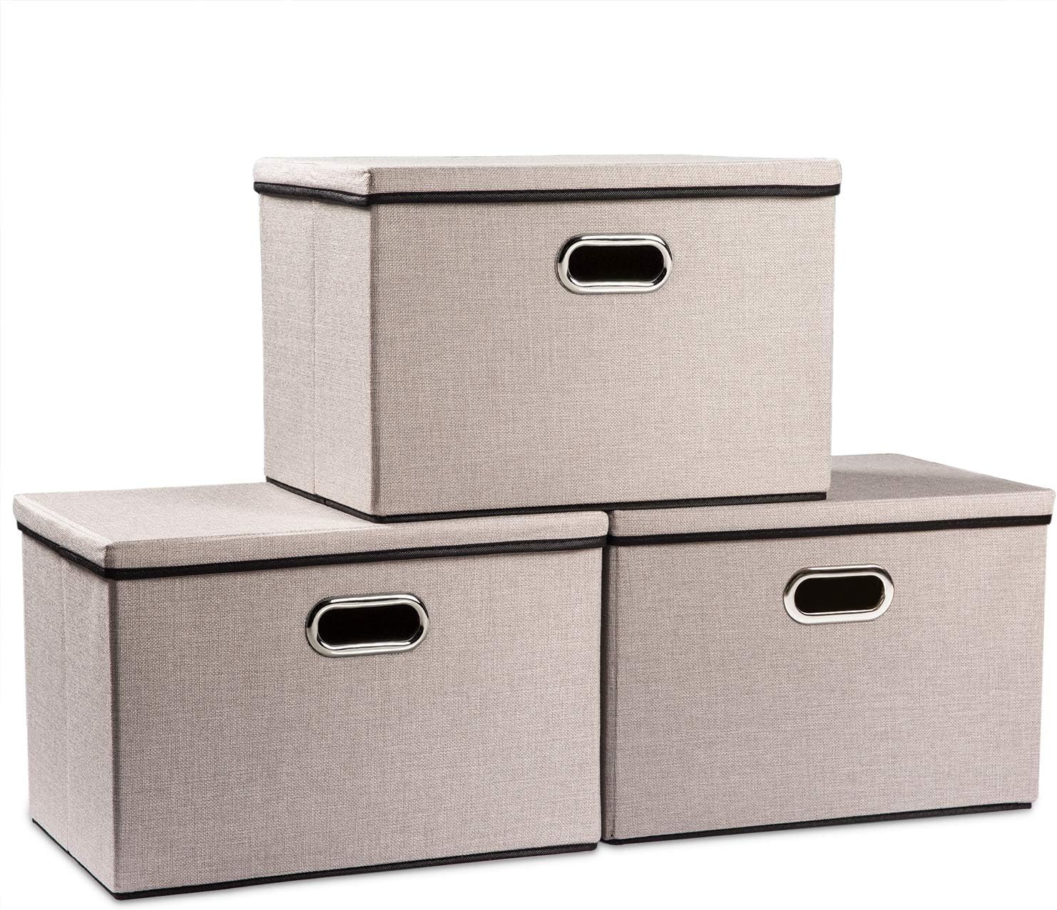 PRANDOM Large Collapsible Storage Bins with Lids 3-Pack Linen/Cotton Blend Foldable Storage Boxes Organizer Containers Baskets Cube with Cover for