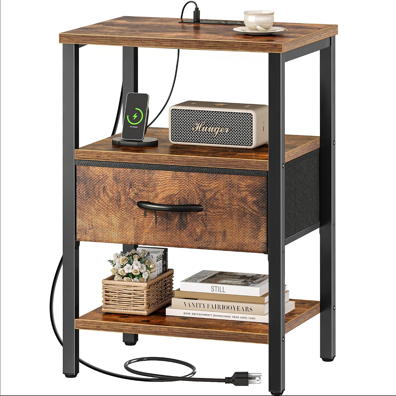 SUPERJARE Nightstand Set of 2, Bed Side Tables with Charging Station, Adjustable Fabric Drawer, Night Stand for Bedroom, 3-Tier Storage End Tables