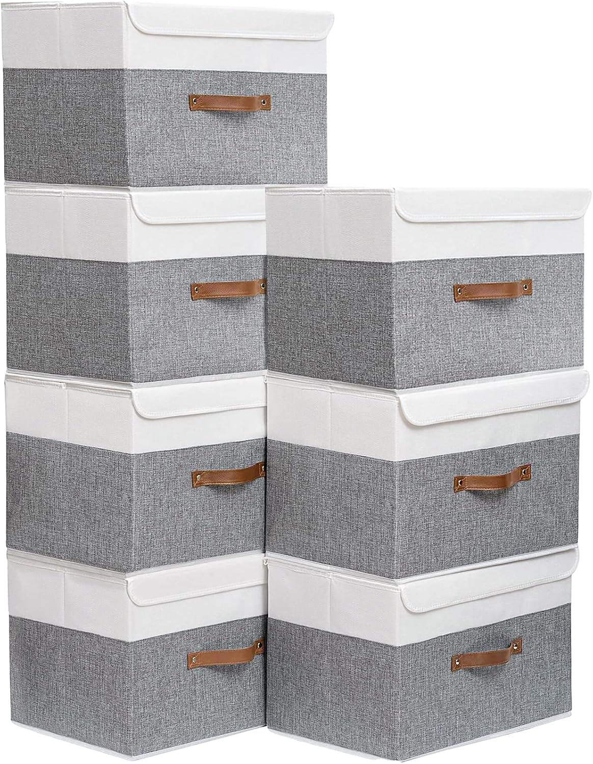 Yawinhe Collapsible Storage Boxes, Linen Fabric Baskets, Bin with lid and Leather Handle, Washable, for Home, Closet, Beige, 17.7''Lx11.8''Wx11.8''H