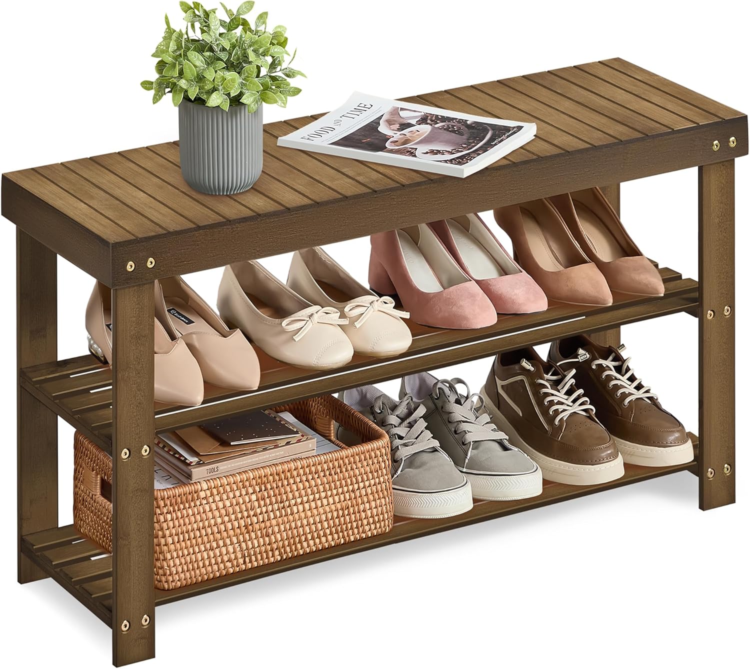 SONGMICS Shoe Rack Bench, 3-Tier Bamboo Shoe Storage Organizer, Entryway Bench, Holds Up to 286 lb, 11.3 x 35.4 x 17.8 Inches