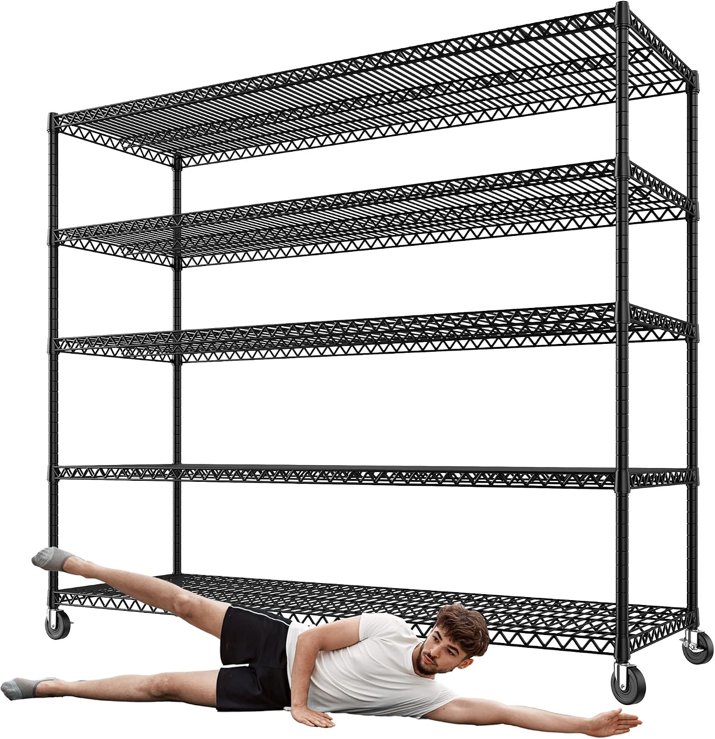 REIBII 3200LBS Storage Shelves Wire Shelving with Wheels, Adjustable Garage Shelving Heavy Duty Steel Metal Shelving Unit Shelf Rack for Warehouses
