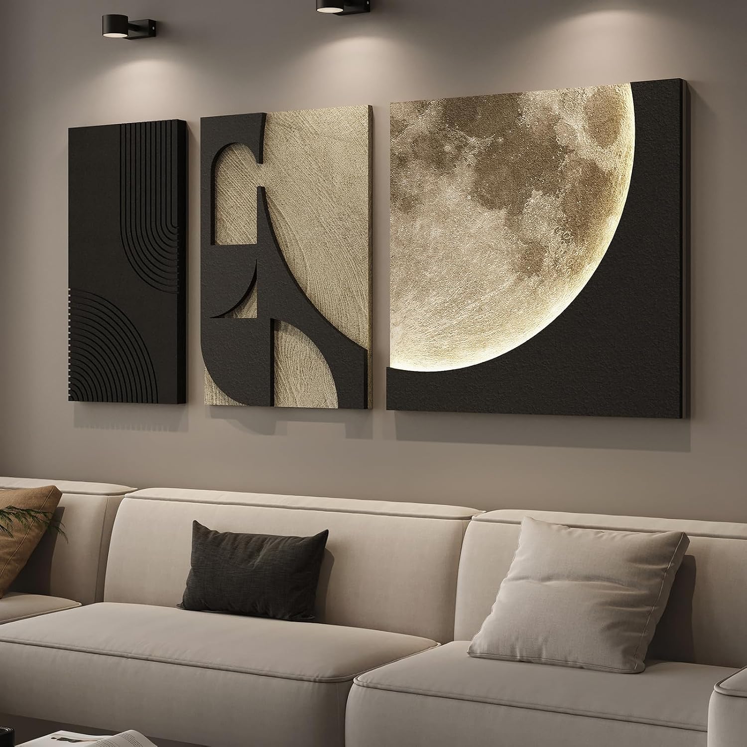 Large 3D Textured Framed Boho Modern Neutral Abstract Wall Art for Living Room, 3 Piece Black White Brown Paintings Artwork for Walls