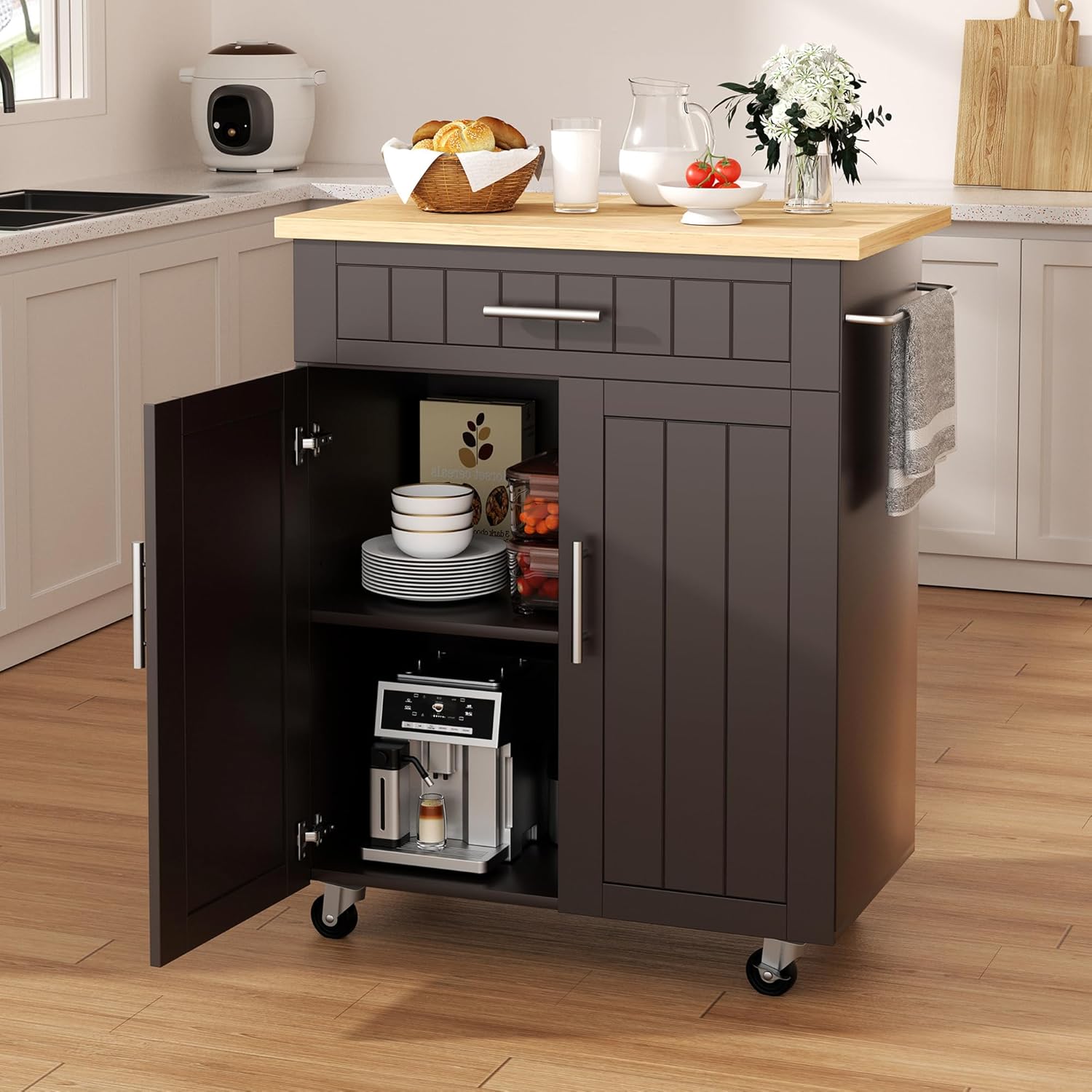 Shintenchi Kitchen Island cart with Storage, Portable Bar Cabinet on Wheels, Rolling Microwave Cart Side Table with Workstation for Kitchen, White