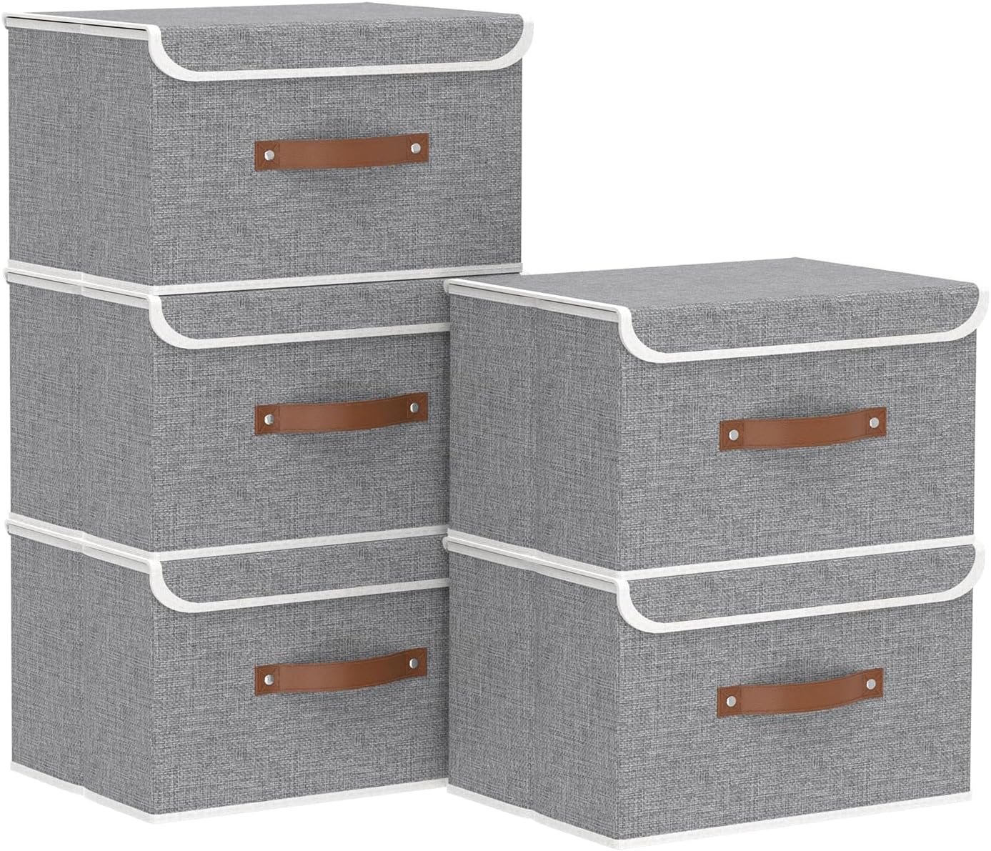 Yawinhe Storage Bins with Lids, Beige, 17.7x11.8x11.8in, 5-Pack, Fabric Container with Leather Handle, Washable Home Basket