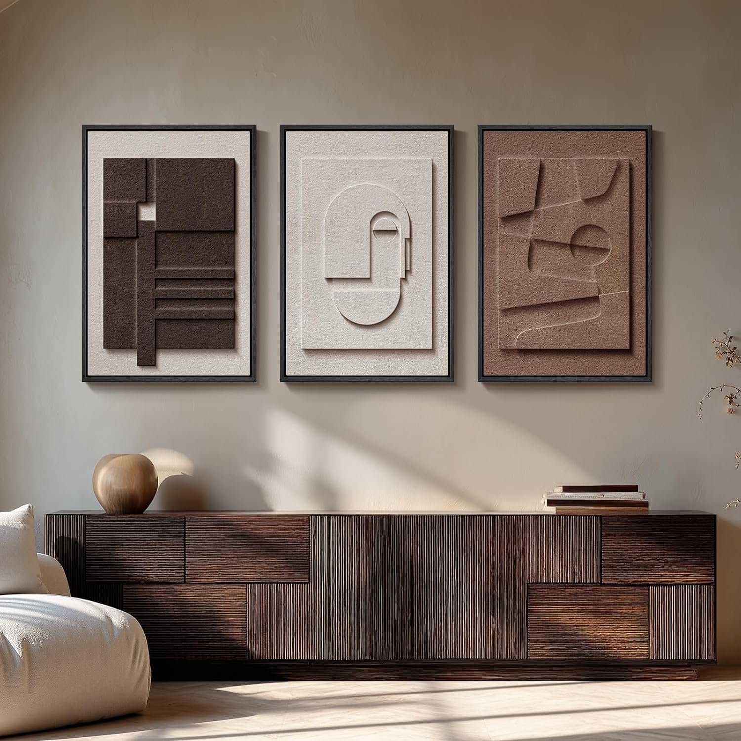 Large 3D Textured Framed Boho Modern Neutral Abstract Wall Art for Living Room, 3 Piece Black White Brown Paintings Artwork for Walls