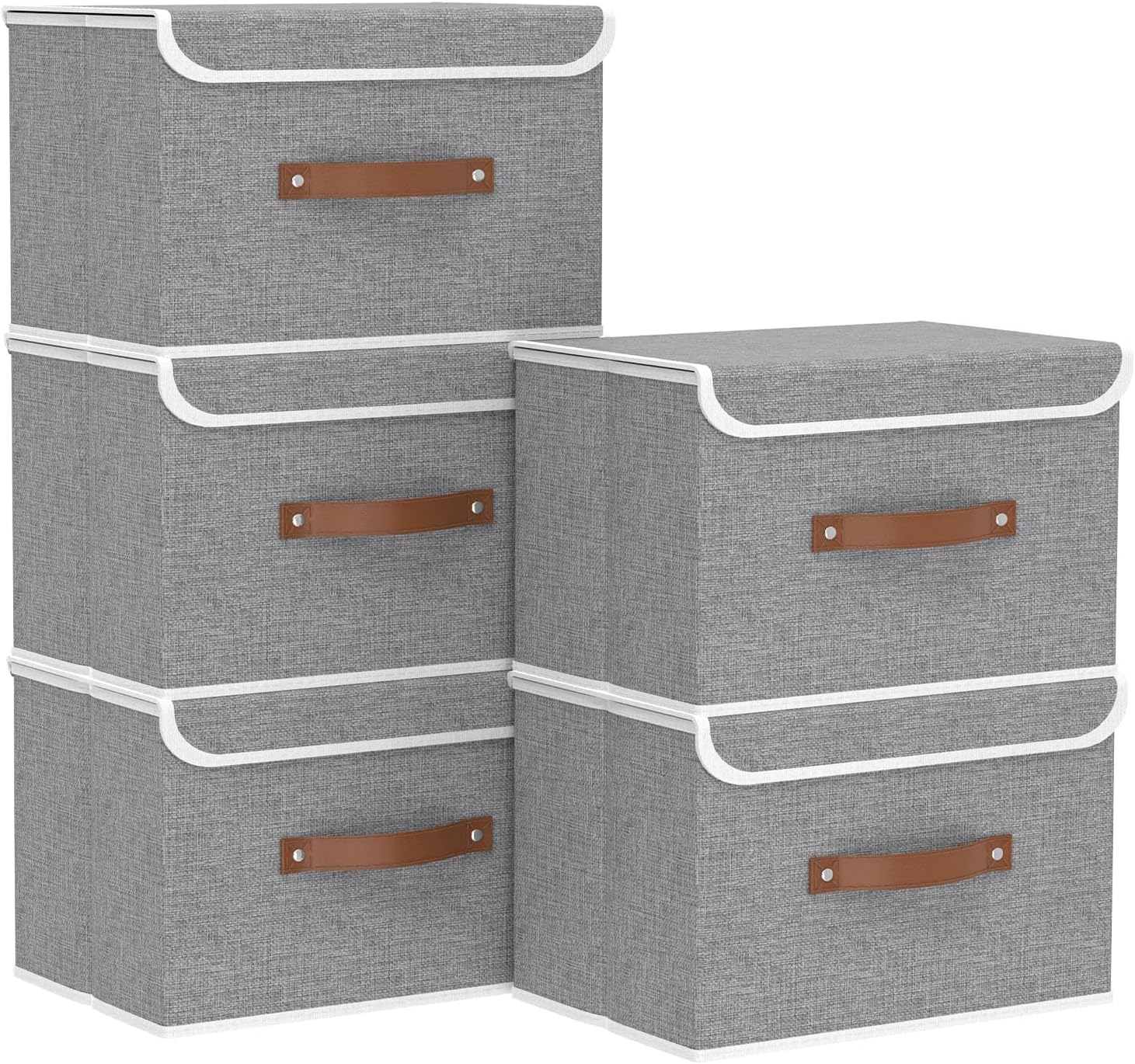 Yawinhe Storage Bins with Lids, Beige, 17.7x11.8x11.8in, 5-Pack, Fabric Container with Leather Handle, Washable Home Basket