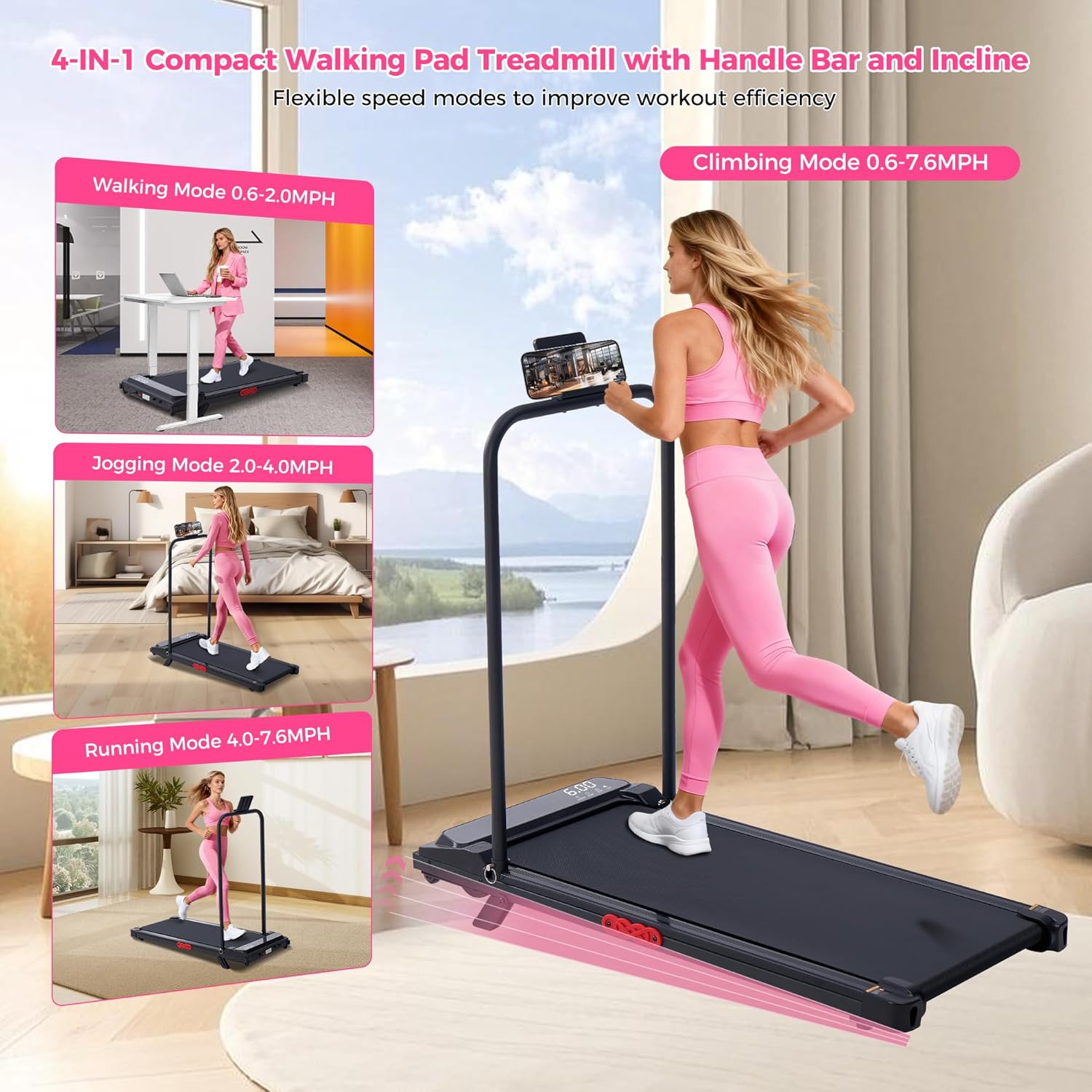 Walking Pad with Incline and Handle Bar, Electric Small Walking Pads Treadmills with Handles, Compact Treadmills for Home Small Spaces, 3.0HP