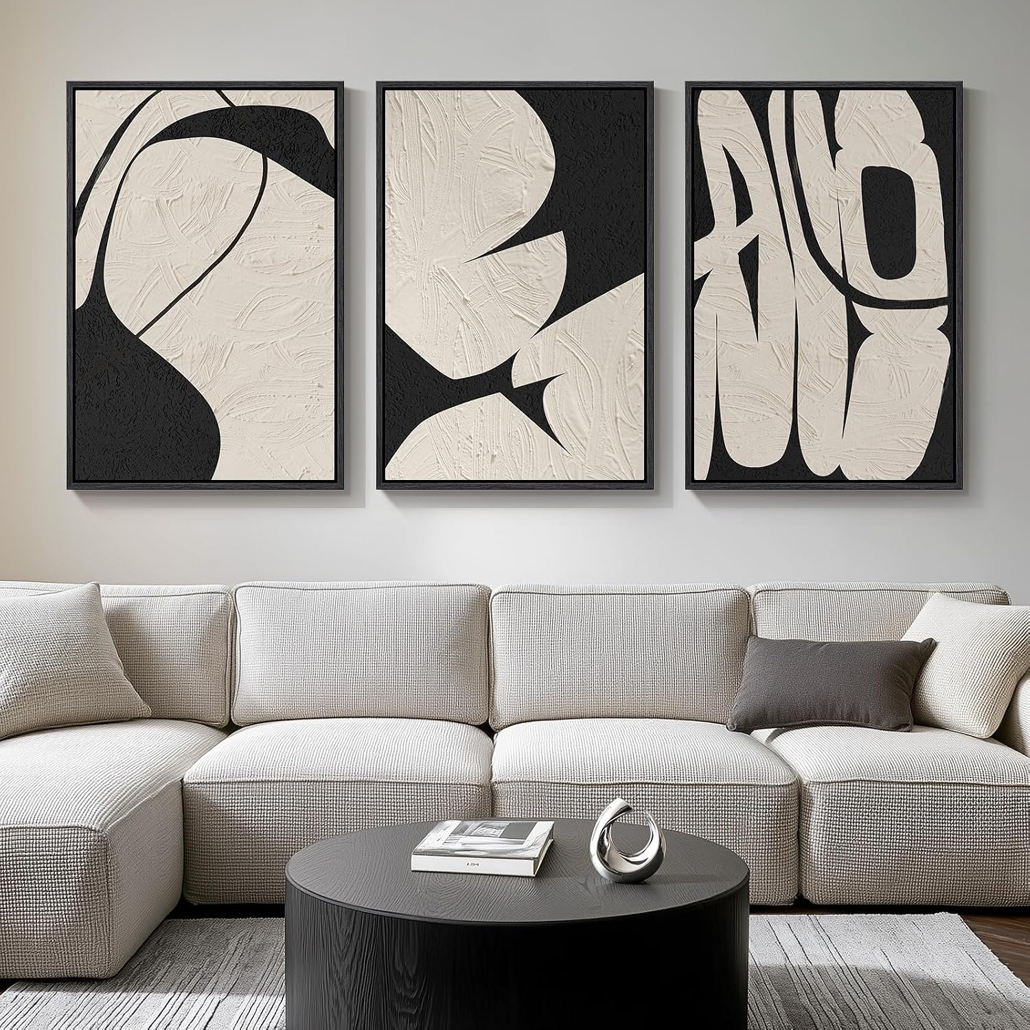 Large Framed Neutral Abstract Wall Art for Living Room, 3 Piece Modern Canvas Prints Paintings Artwork for Walls
