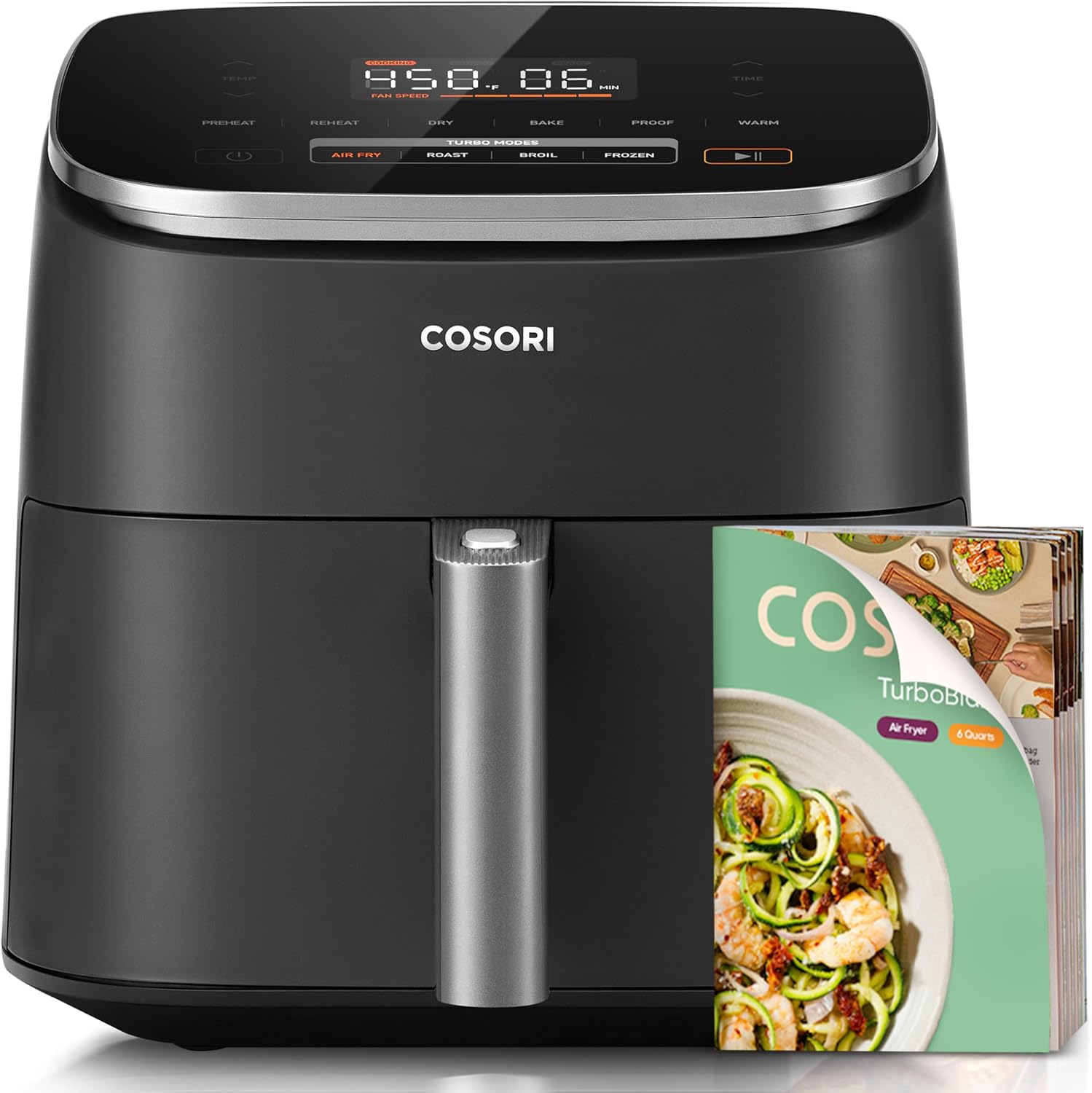 Cosori TurboBlaze Air Fryer 6 Qt, PFAS-Free Ceramic Coating, Dark Gray, 90°-450°F, 5 Level Fan Speeds, 9 in 1 Air Fry, Roast, Bake, Broil, Dry, Frozen