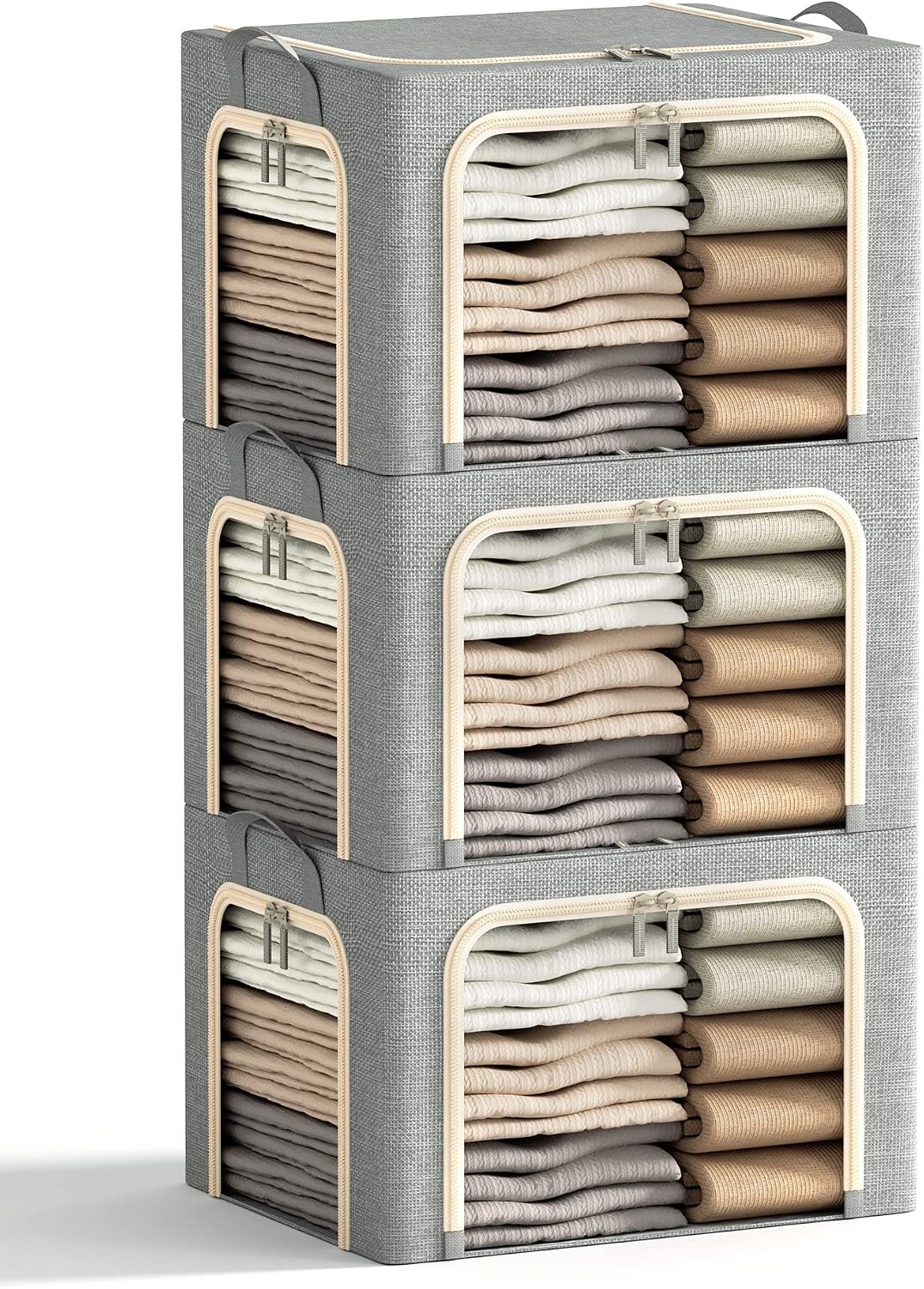Furnhome 3 Openings Large Clothes Storage Bins with Metal Frame, Foldable Storage Bin for Clothes, Clothing Storage Bins with Lid