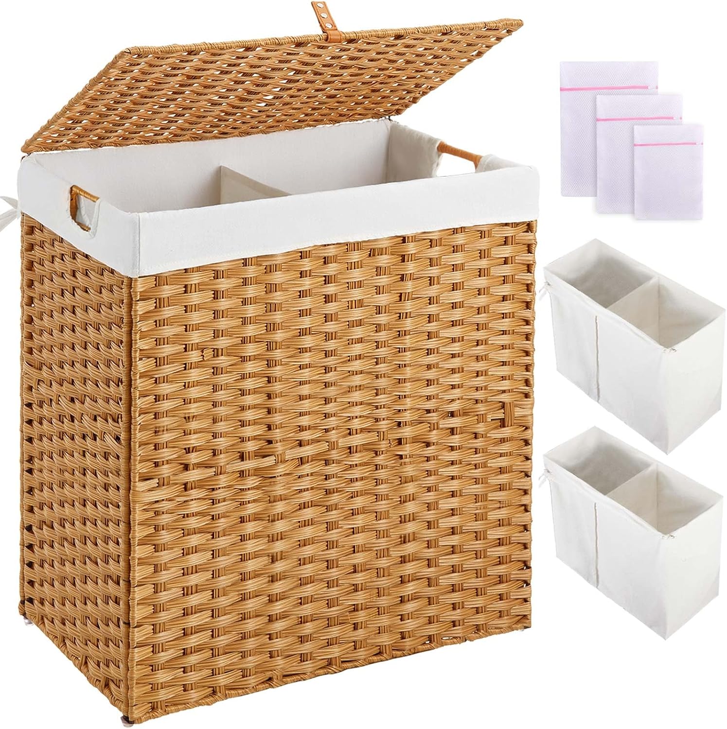 Greenstell Laundry Hamper with lid, No Install Needed, 110L Wicker Laundry Baskets Foldable 2 Removable Liner Bags